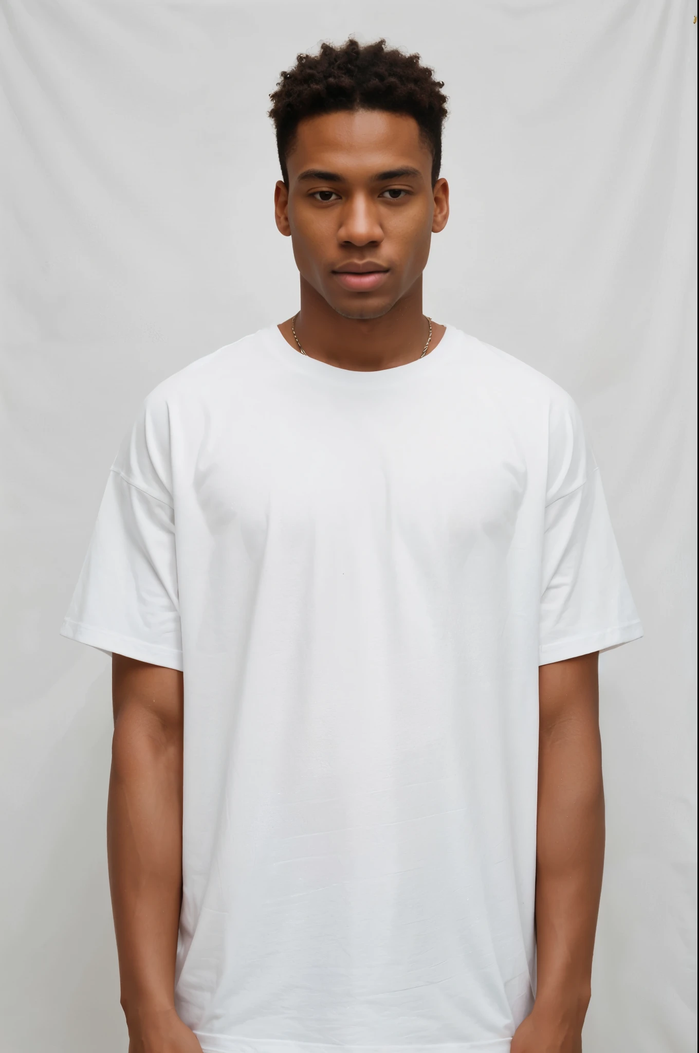 Produce a visually stunning and hyper-realistic banner image with top-notch quality, utilizing high-resolution, high-contrast studio lighting techniques. Ensure a zoomed-out perspective that captures the entirety of a black male model prominently showcasing a pure solid white high quality thick cotton oversized t-shirt. The clothing aspect should be emphasized with a 1.1 magnification, and the overall image should maintain a photorealistic enhancement at a factor of 1.37. Employ a white background, Pay meticulous attention to full skin details on the model to enhance the realistic aesthetic. The final output should be in 4K resolution and tailored specifically for a streetwear store front banner, meeting the highest standards of quality and appeal.