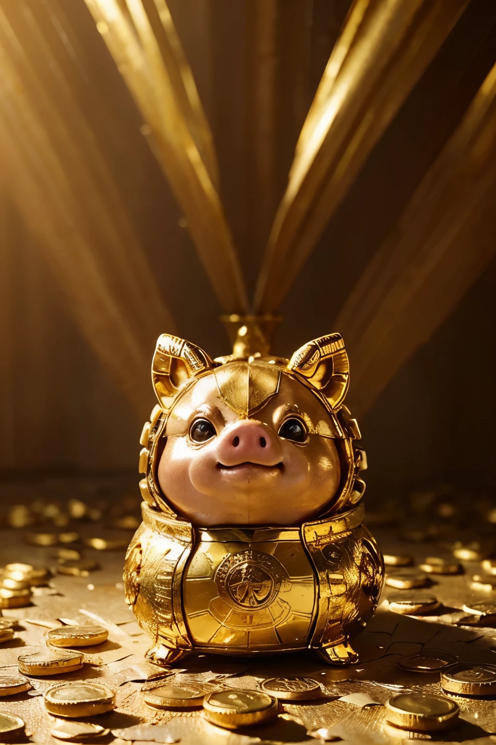 Best quality, dressed in gold, golden crown, little pig standing, The ground is covered with gold coins, Radiates golden light, to make (majestic atmosphere), The Little Pig’s throne is luxurious., big eyes, cute, tree with golden coins falling, made of pure gold, golden turtle next to you,
