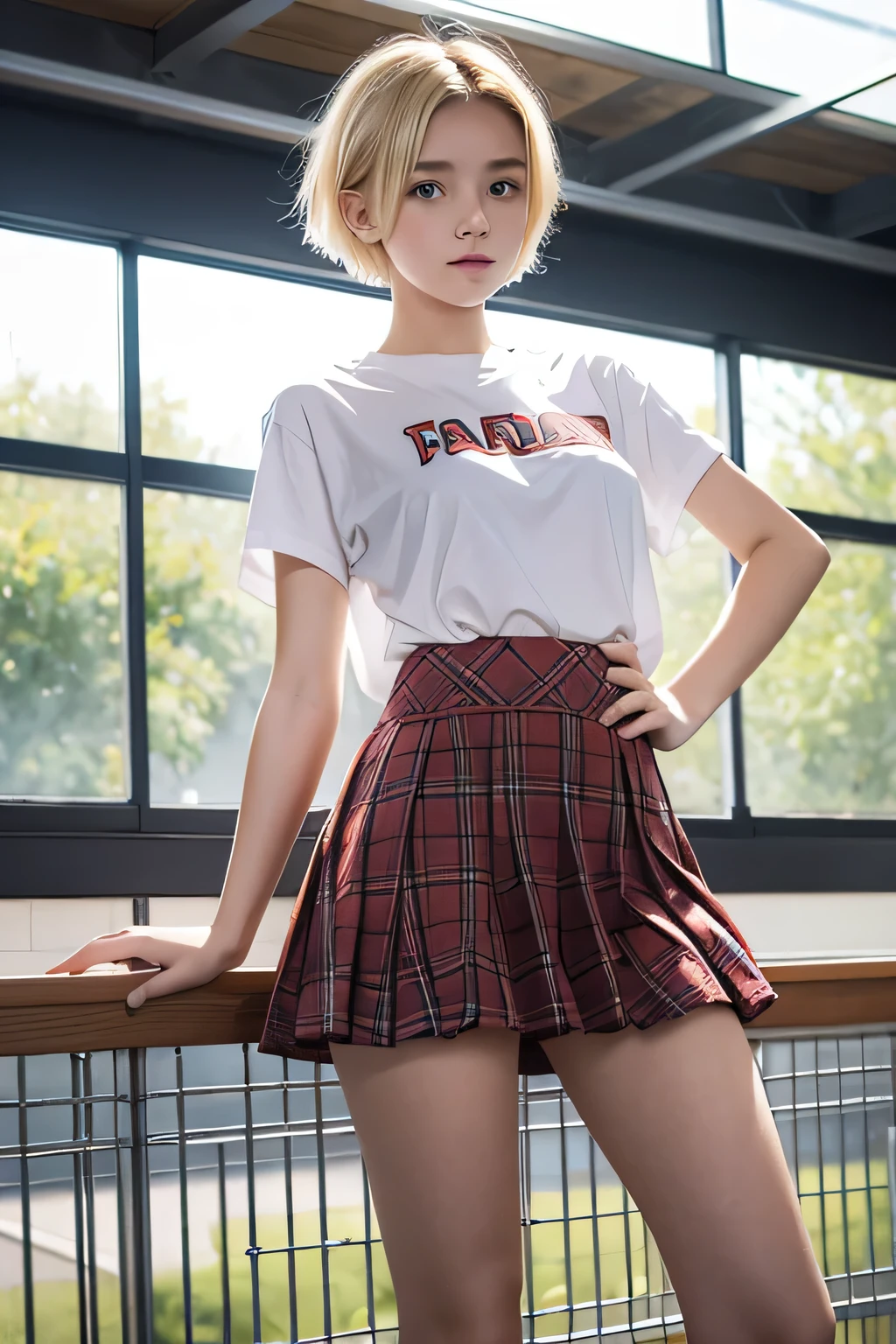 sexy 13 year old blonde girl wearing a plaid slutty high school girl outfit, clear eyes, short sexy hair, halfnaked, pulled up skirt, transparent wet t-shirt, nipples visible