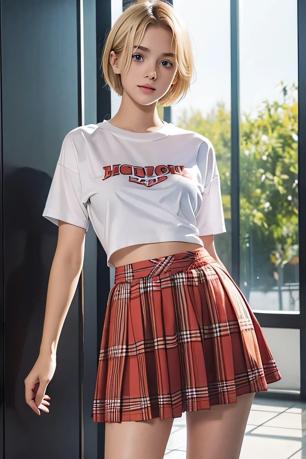 sexy 13 year old blonde girl wearing a plaid slutty high school girl outfit, clear eyes, short sexy hair, halfnaked, pulled up skirt, transparent wet t-shirt