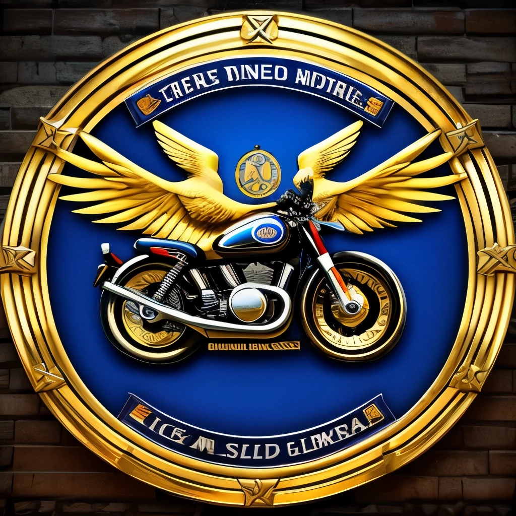 a large motorbike club emblem logo with a gold circle frame. On the side of the circle there are eagle wings, in the middle there is a picture of two motorbike engines, underneath there is a banner that says "motorbike club" 3D image results