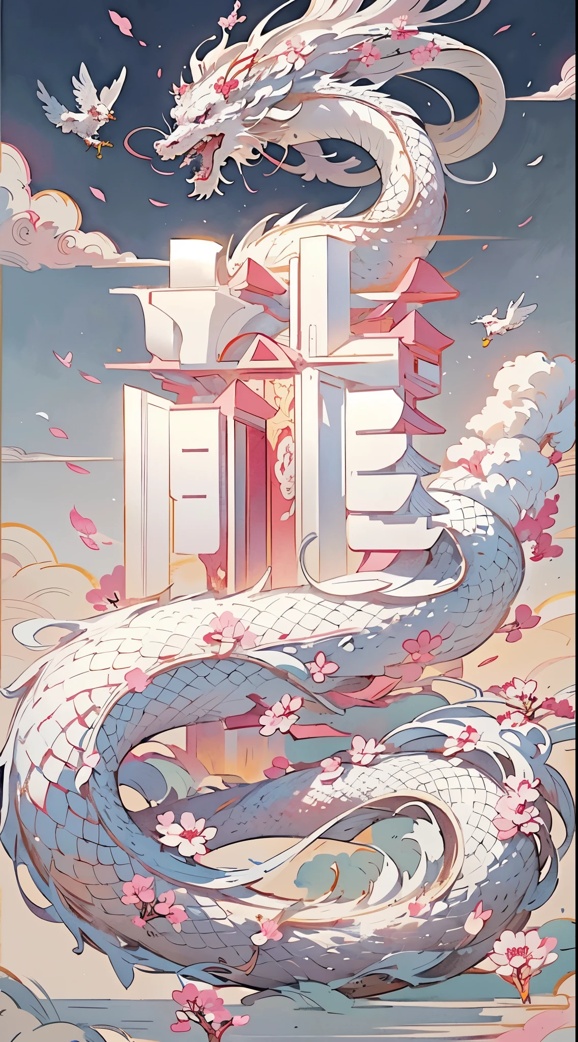 logo,masterpiece,(on white background:1),White Chinese dragon surrounded by white clouds,pink sakura tree,petal,wind,God,long wavy body,fangs,fantasy, myth, high quality, Very detailed, masterpiece, epic,particle effect,dynamic effect,sun in background