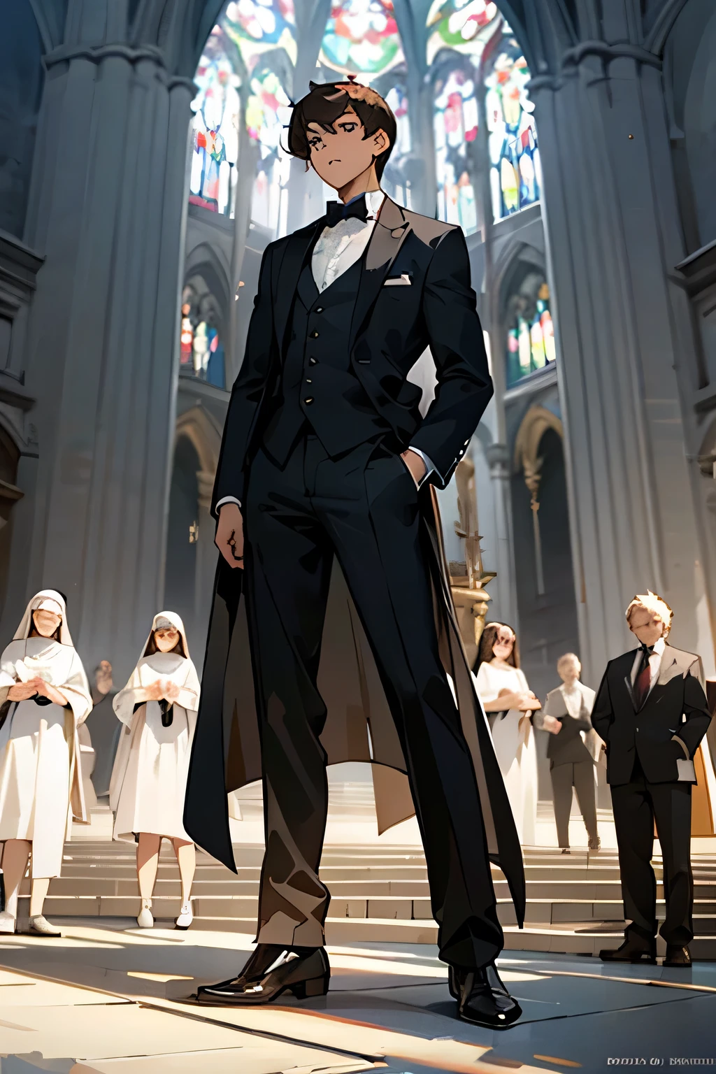 highest quality, Full HD,In the cathedral, male and female students, Catholic Priest,catholic sisters, group shot, brown hair, black hair, white skin, Medium skin, olive skin, , expensive, long shot, Are standing, athletic, muscular, glamorous, At the time of graduation, wide shot , Formal suit