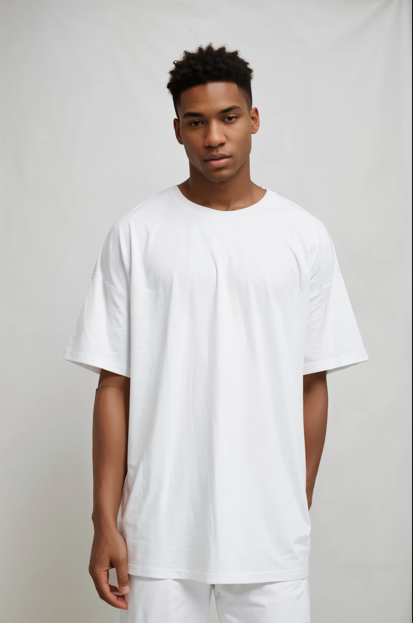 Produce a visually stunning and hyper-realistic banner image with top-notch quality, utilizing high-resolution, high-contrast studio lighting techniques. Ensure a zoomed-out perspective that captures the entirety of a black male model prominently showcasing a pure solid white high quality thick cotton oversized t-shirt. The clothing aspect should be emphasized with a 1.1 magnification, and the overall image should maintain a photorealistic enhancement at a factor of 1.37. Employ a white background, Pay meticulous attention to full skin details on the model to enhance the realistic aesthetic. The final output should be in 4K resolution and tailored specifically for a streetwear store front banner, meeting the highest standards of quality and appeal.