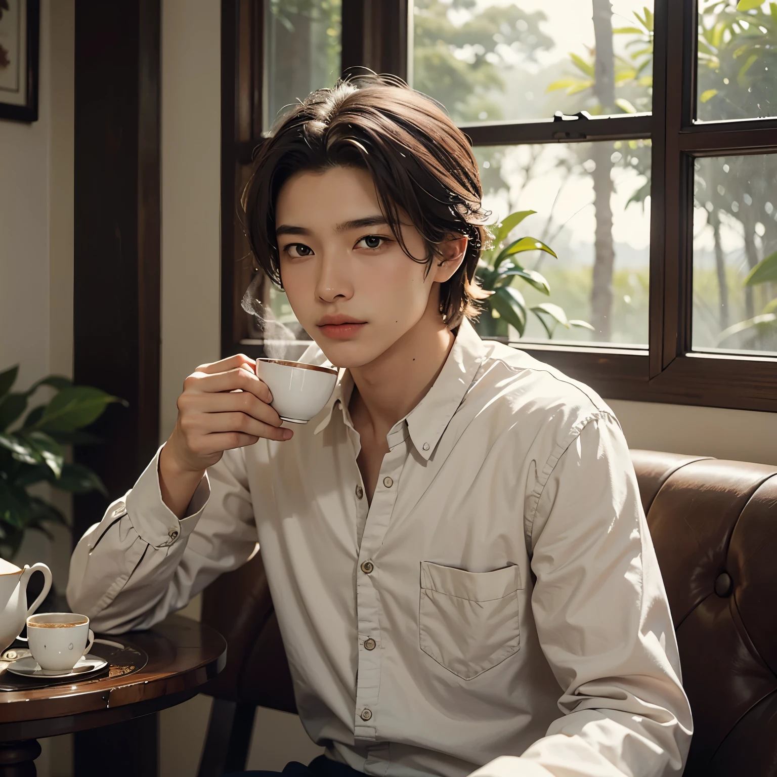 A young man is leisurely enjoying a cup of tea.
Masterpiece, highest quality, high resolution, solo, casual wear, tea time, relaxed expression, close-up shot, simple attire, comfortable seating, peaceful ambiance,focused gaze, cup in hand, steam rising from tea, tranquil atmosphere.