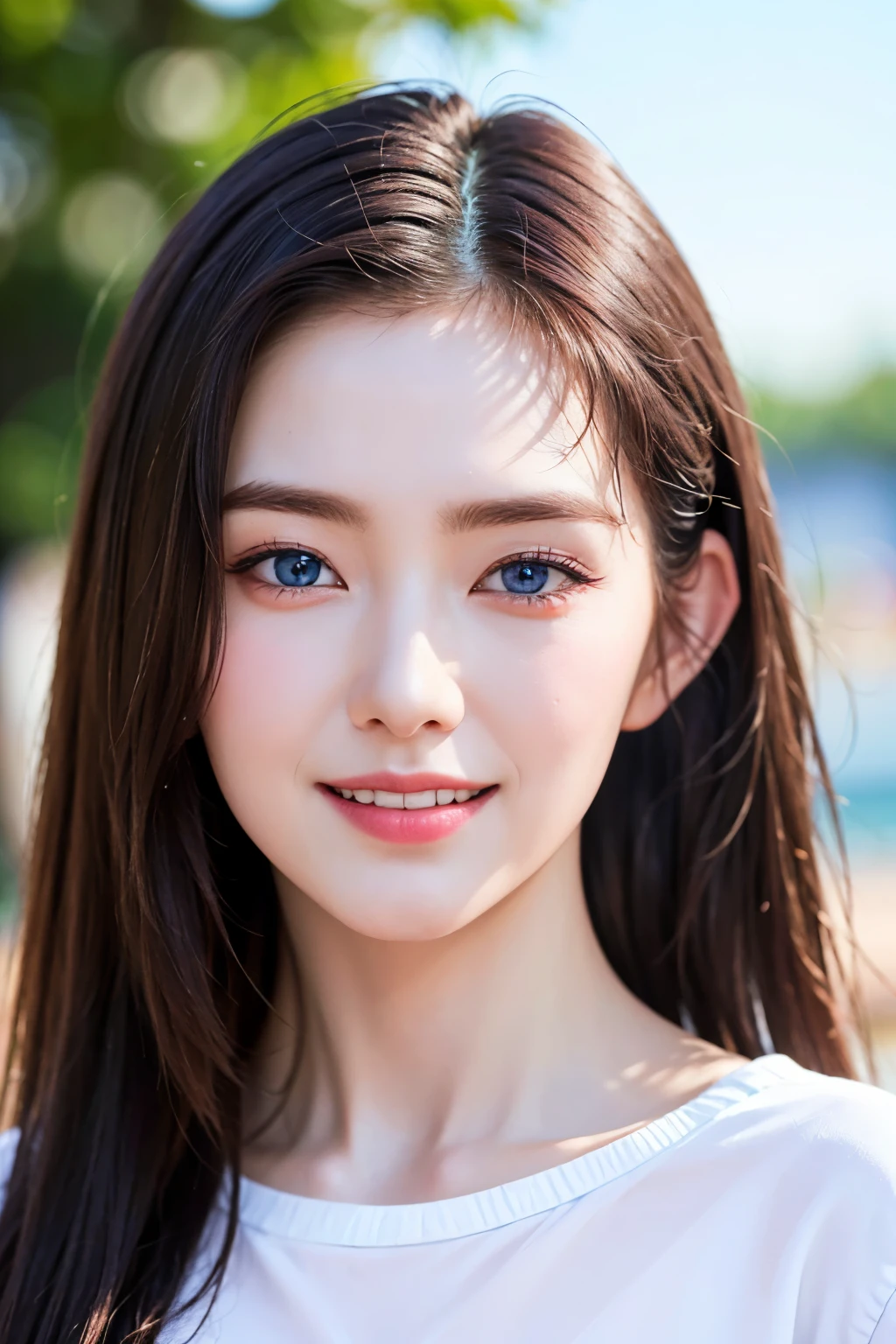 extremely detailed eyes, extremely detailed face, best quality ,masterpiece, extremely detailed, ultra-detailed, (realistic, photo-realistic:1.3), smile, (facing front), looking at viewer, white shirt, sunny day, outdoor, 1girl upperbody, with blue eyes