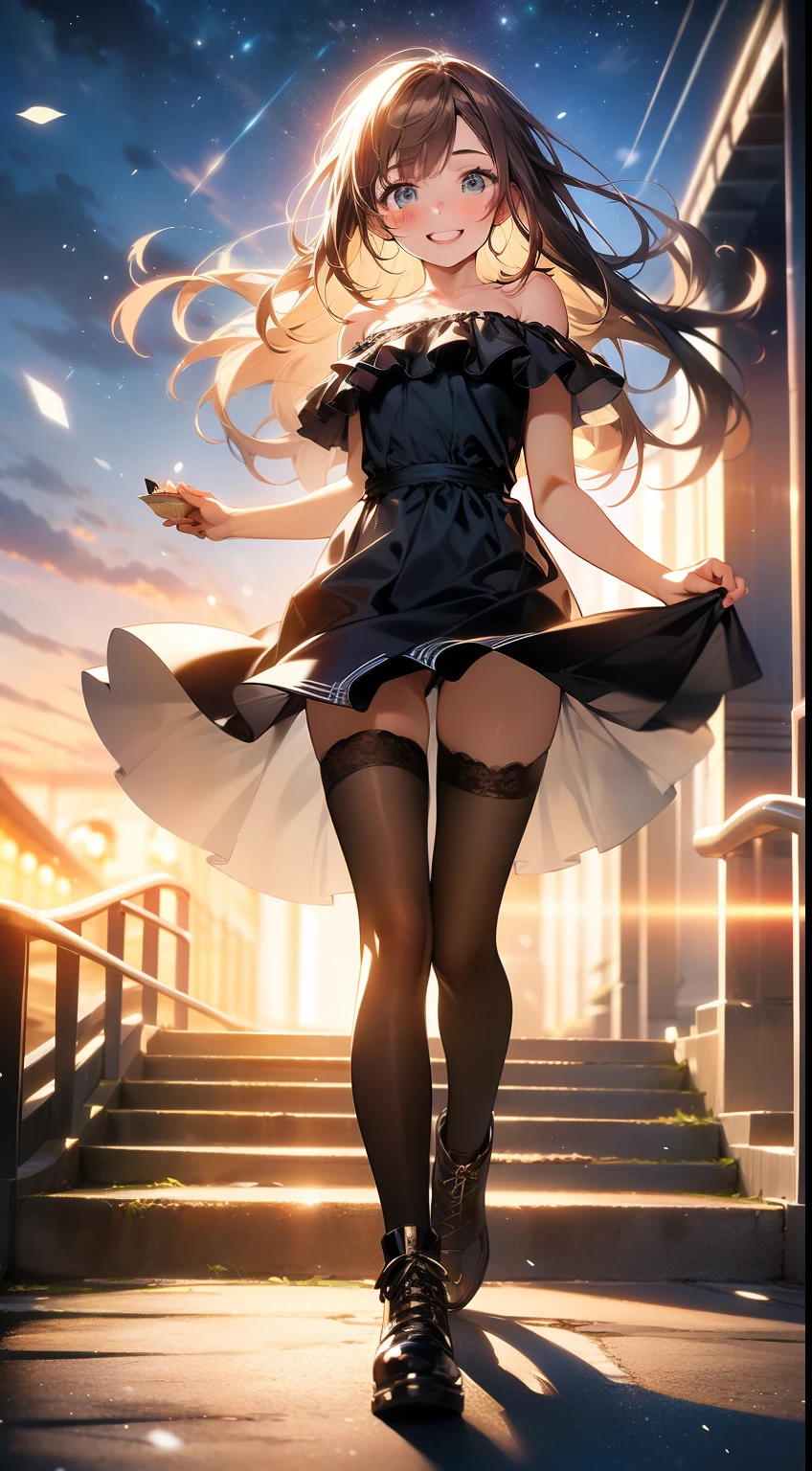 ((masterpiece, best quality, high resolution, ultra high definition, Pixel perfect, wide angle, 4K, RTX, human development report))), 1girl in, single, alone, Beauty、see whole body、 (( Reddish-brown hair , very long hair , Short Liuhai )), ((blue eyes, beautiful eyelashes, realistic eyes)), ((Detailed face, blush:1.2)), ((smooth texture:0.75, lifelike质感:0.65, lifelike:1.1, Anime CG style)), medium breasts, Perfect body, ((low cut evening dress, bare shoulders ,Black tights ,Black boots)), Smile, Holding birthday cake ,Go down the stairs, (The wind blows the long hair,bare shoulders、Black tights、Black boots) , It snows at night