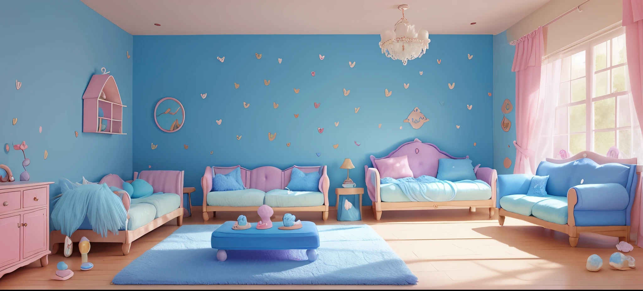 blue fantasy children's room、Fluffy cushions on a big fluffy rug、sofa、Cloud decorations on the wall