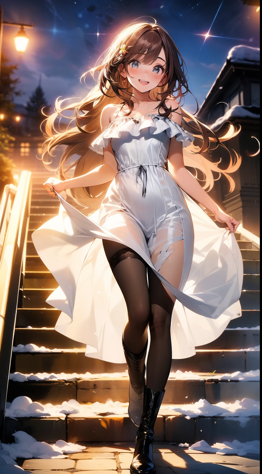 ((masterpiece, best quality, high resolution, ultra high definition, Pixel perfect, wide angle, 4K, RTX, human development report))), 1girl in, single, alone, Beauty、see whole body、 (( Reddish-brown hair , very long hair , Short Liuhai )), ((blue eyes, beautiful eyelashes, realistic eyes)), ((Detailed face, blush:1.2)), ((smooth texture:0.75, lifelike质感:0.65, lifelike:1.1, Anime CG style)), medium breasts, Perfect body, ((low cut evening dress, bare shoulders ,Black tights ,Black boots)), Smile, Holding birthday cake ,Go down the stairs, (The wind blows the long hair,bare shoulders、Black tights、Black boots) , It snows at night