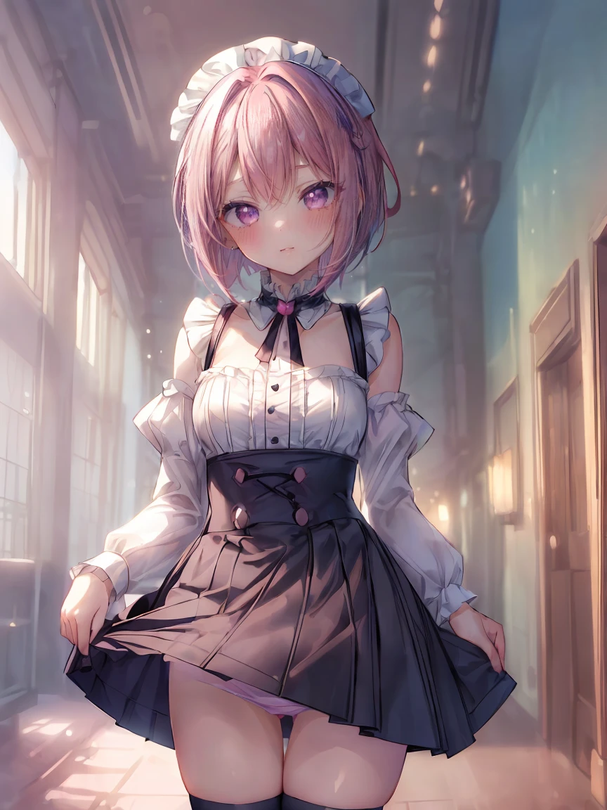 ((8Kmasterpiece,highest quality)), ultra high resolution, (masterpiece: 1.4), hyper detail, (1 girl),Watery eye,((14 years old),blush,beautiful and delicate eyes,purple eyes,Big eyes,shining eyes of light,Thin and long eyelashes,detailed light,beautiful face,((pink hair)),((bob cut)),((shortcut)), ((look away)),calm face,((very unpleasant face)),glare,Ahoge,thin waist,Maid appearance,Black knee-high,((Pick up your skirt and show your panties)),(((lift skirt))),light blue panty,(((panty shot))),((royal corridor)),red carpet,motion blur,Depth of written boundary,spectacular panoramic view,Angle from below the ground surface,Low Angle Body Shot