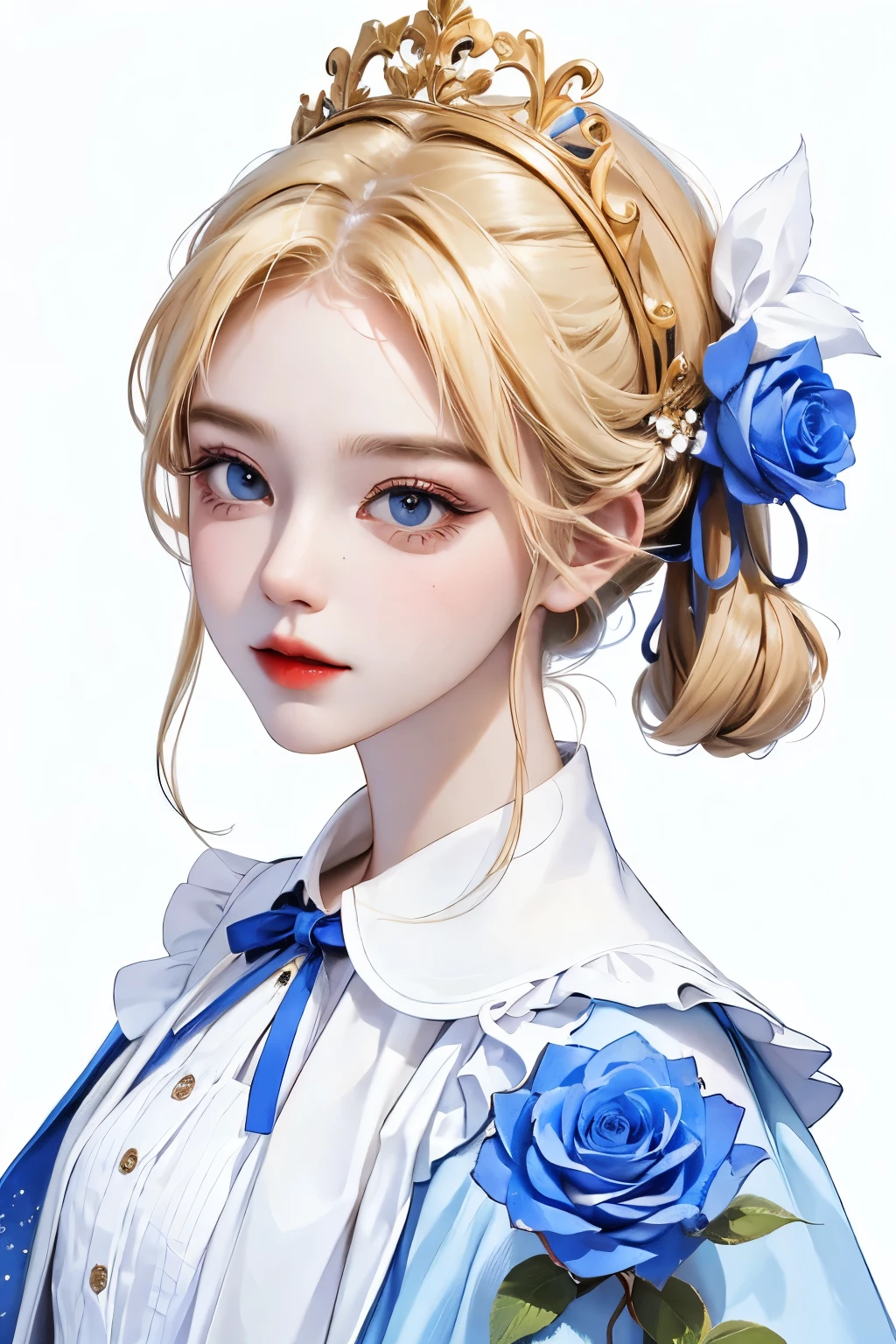 1 girl, Absurdres masterpiece HDR high quality portrait of girl with cottage dress,blonde hair, blue ribbon, holding a rose, in a white background