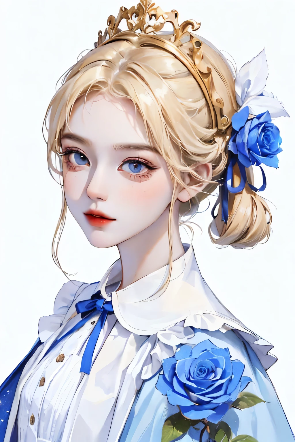 1 girl, Absurdres masterpiece HDR high quality portrait of girl with cottage dress,blonde hair, blue ribbon, holding a rose, in a white background