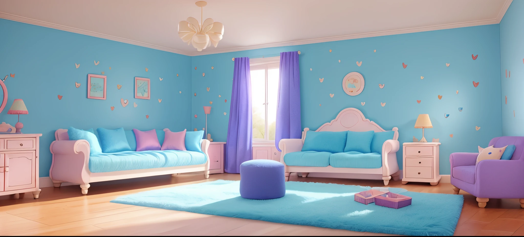 cute blue children's room、Fluffy cushions on a big fluffy rug、sofa、Cloud decorations on the wall