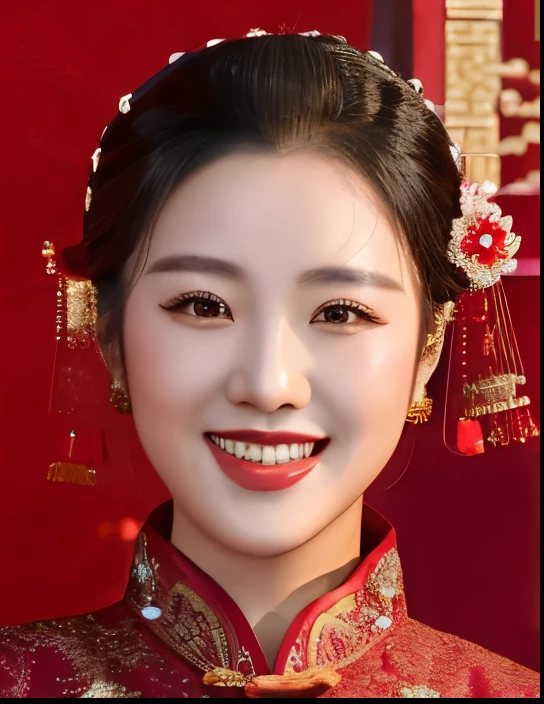 arafed asian woman in a red dress smiling and wearing a red and gold dress, chinese style, traditional chinese, cheongsam, chinese woman, 中 元 节, wearing a red cheongsam, red adornments, chinese girl, sha xi, hanfu, tang mo, chinese princess, inspired by Jiang Tingxi