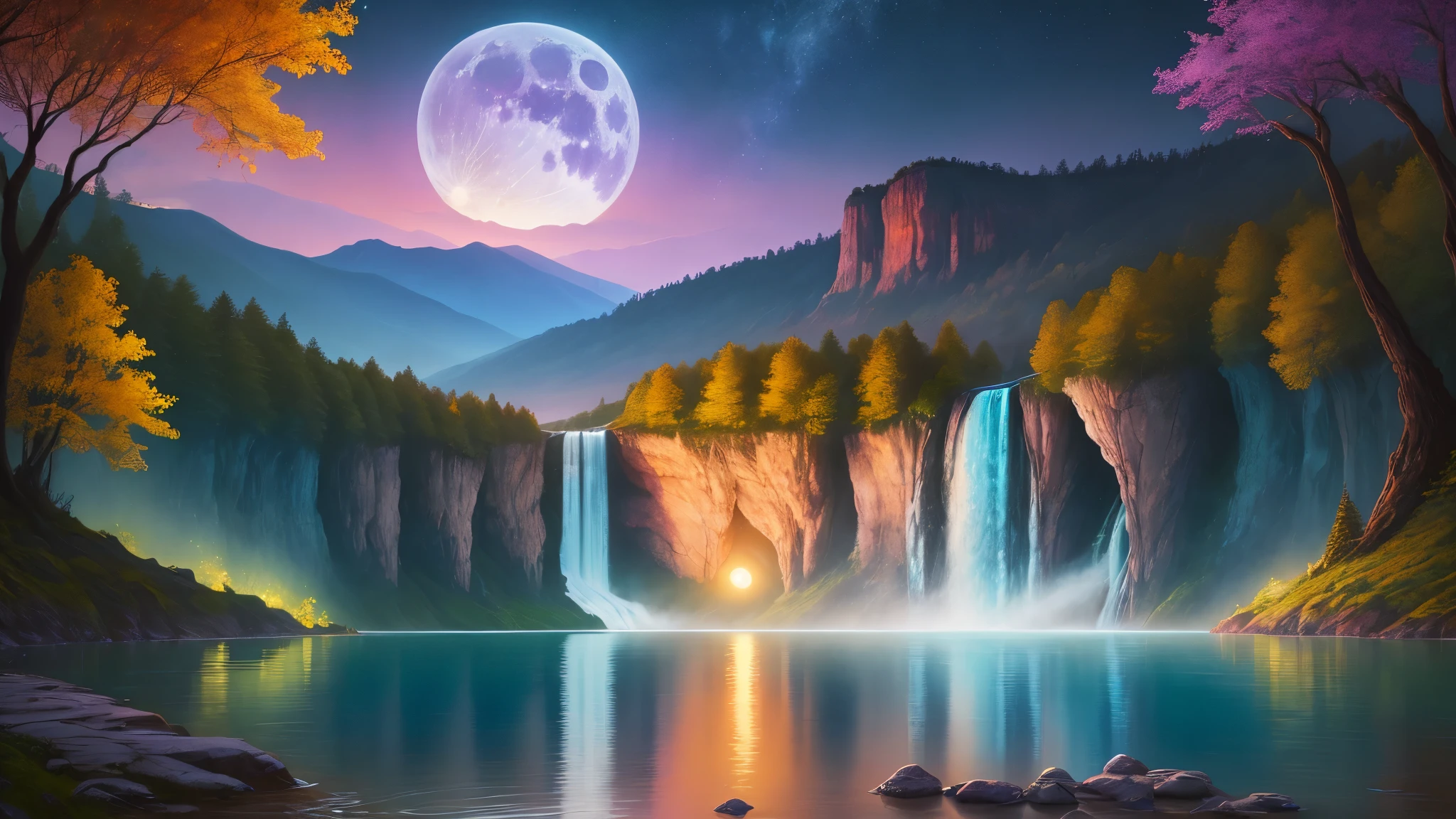 This image is a piece of digital art depicting a quiet, dreamy scene:
Moon and Sky: The large, radiant full moon dominates the sky, shedding cool light on the landscape and reflecting off the water below.
Waterfall: Featured in the center is a majestic waterfall, cascading from a high cliff into the peaceful lake below, its luminescence contributing to the magical look of the scene.
Flora : On either side of the waterfall, rows of vibrant trees with golden foliage stand out against a darker background, suggesting the changing seasons or the passing of time. The riverbank is decorated with lush, colorful flora, adding depth and variety to the scene with purples, blues and pinks.
Overall composition : The composition balances natural elements with a touch of fantasy, creating a peaceful atmosphere that invites the viewer to immerse themselves in the soothing imagery.