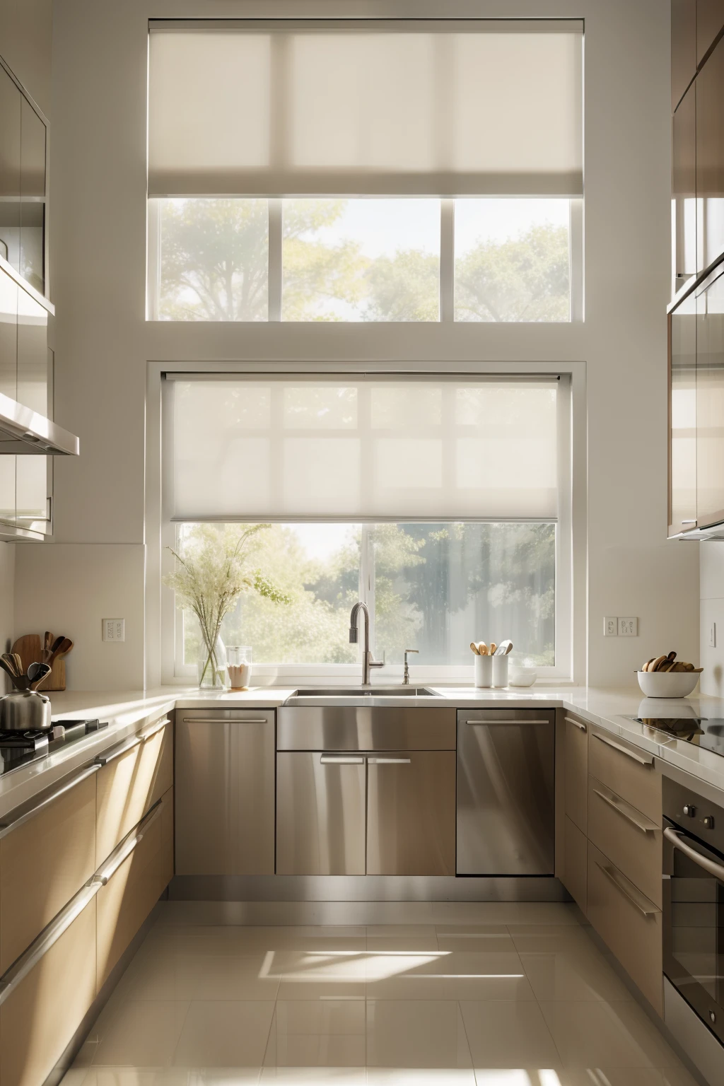 Masterpiece photograph of a modern kitchen in best quality, featuring light coffee cellular shades that gracefully cover the big window, facing forward with a clean and minimalist elegant atmosphere. The sunlight filtering through the shades casts a warm and inviting glow onto the room, adding to the realistic and lifelike visual experience. Every detail, from the smooth countertops to the sleek appliances, is rendered in stunning clarity and realism.