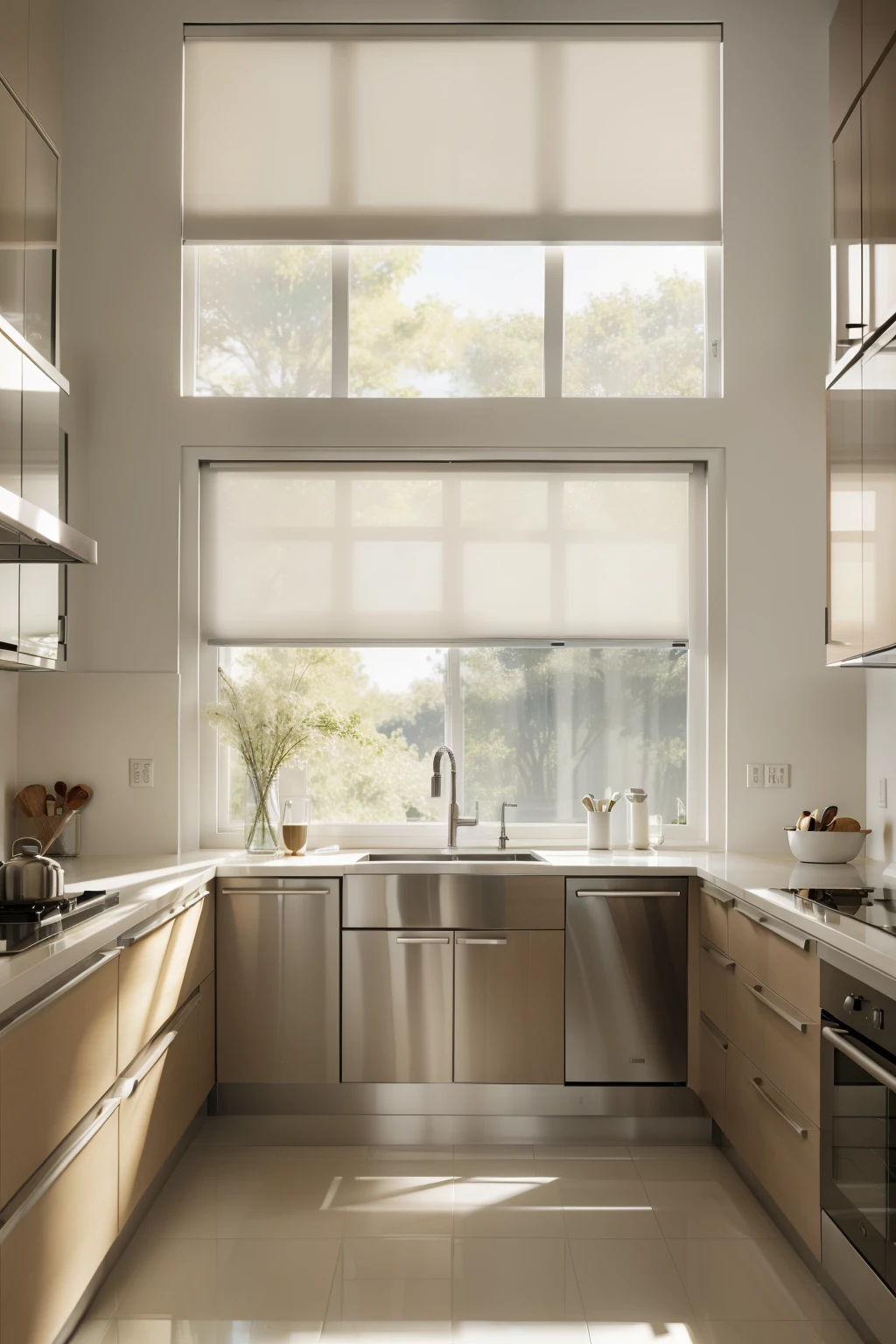 Masterpiece photograph of a modern kitchen in best quality, featuring light coffee cellular shades that gracefully cover the big window, facing forward with a clean and minimalist elegant atmosphere. The sunlight filtering through the shades casts a warm and inviting glow onto the room, adding to the realistic and lifelike visual experience. Every detail, from the smooth countertops to the sleek appliances, is rendered in stunning clarity and realism.