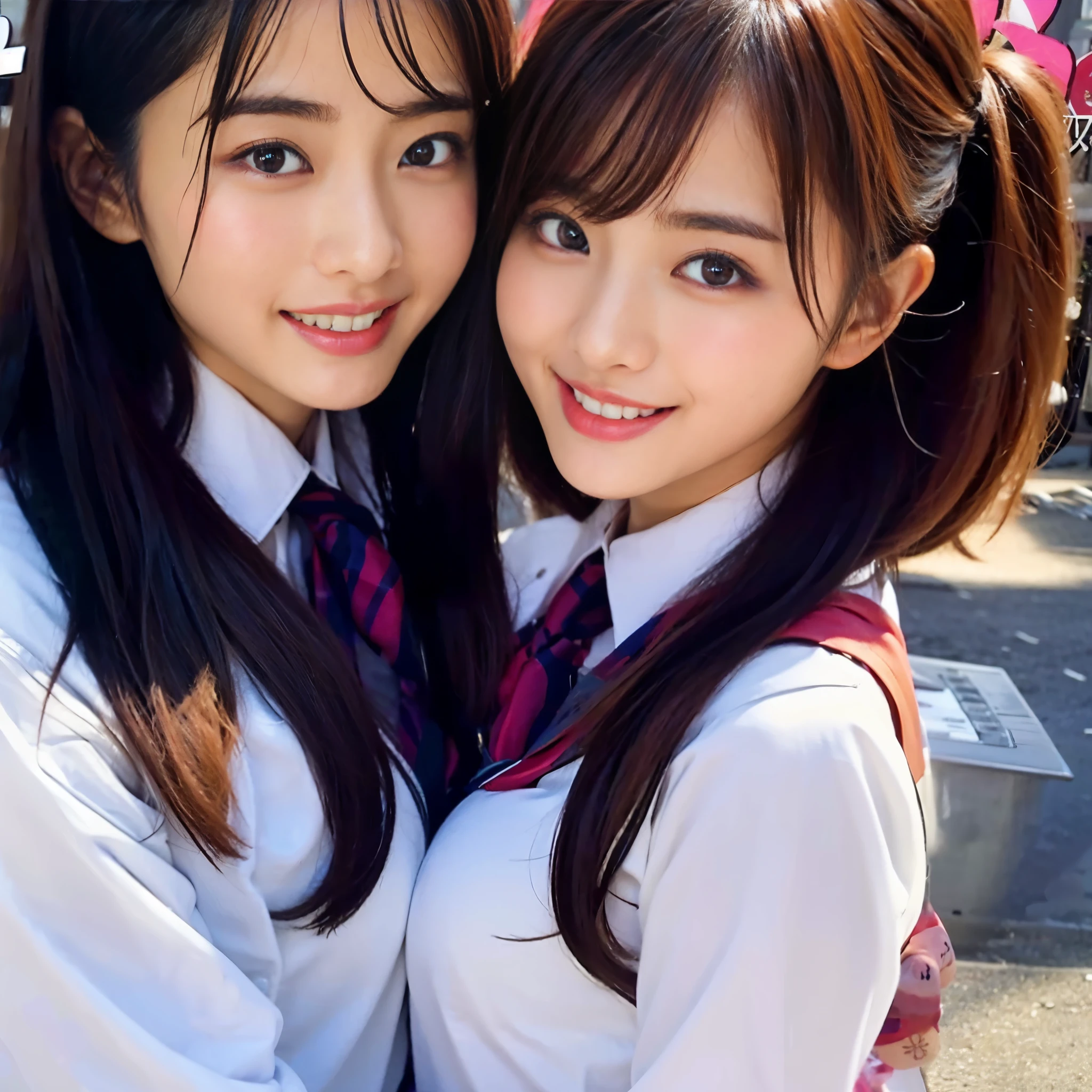 Two Asian girls in school uniforms posing for photo, Two Japanese schoolgirls posing, japanese school uniform, wearing japanese school uniform, young gravure idol, realistic young gravure idol, Young and beautiful gravure idol, Two beautiful anime girls, Qingfu, Japanese school girl uniform, Beautiful Japanese girl face, sakimicchan, two girls