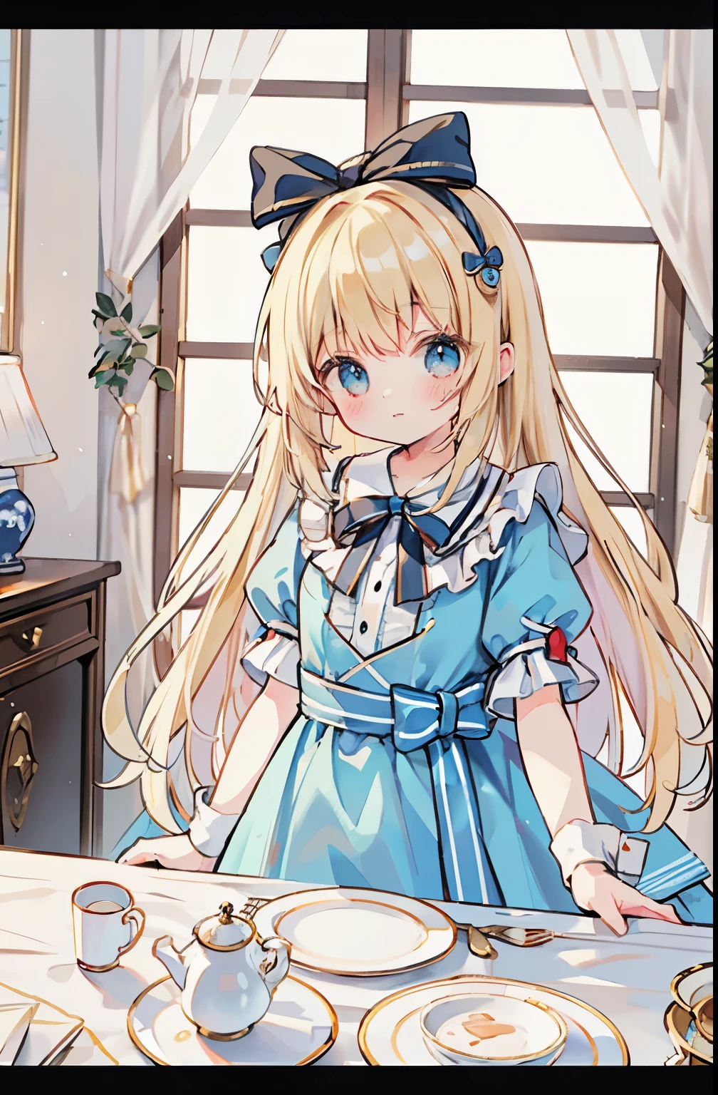 ((table top，best image quality，highest quality，8K，masterpiece))upper body only，girl 1，((alice in wonderland))，blonde，length，a large ribbon on the head