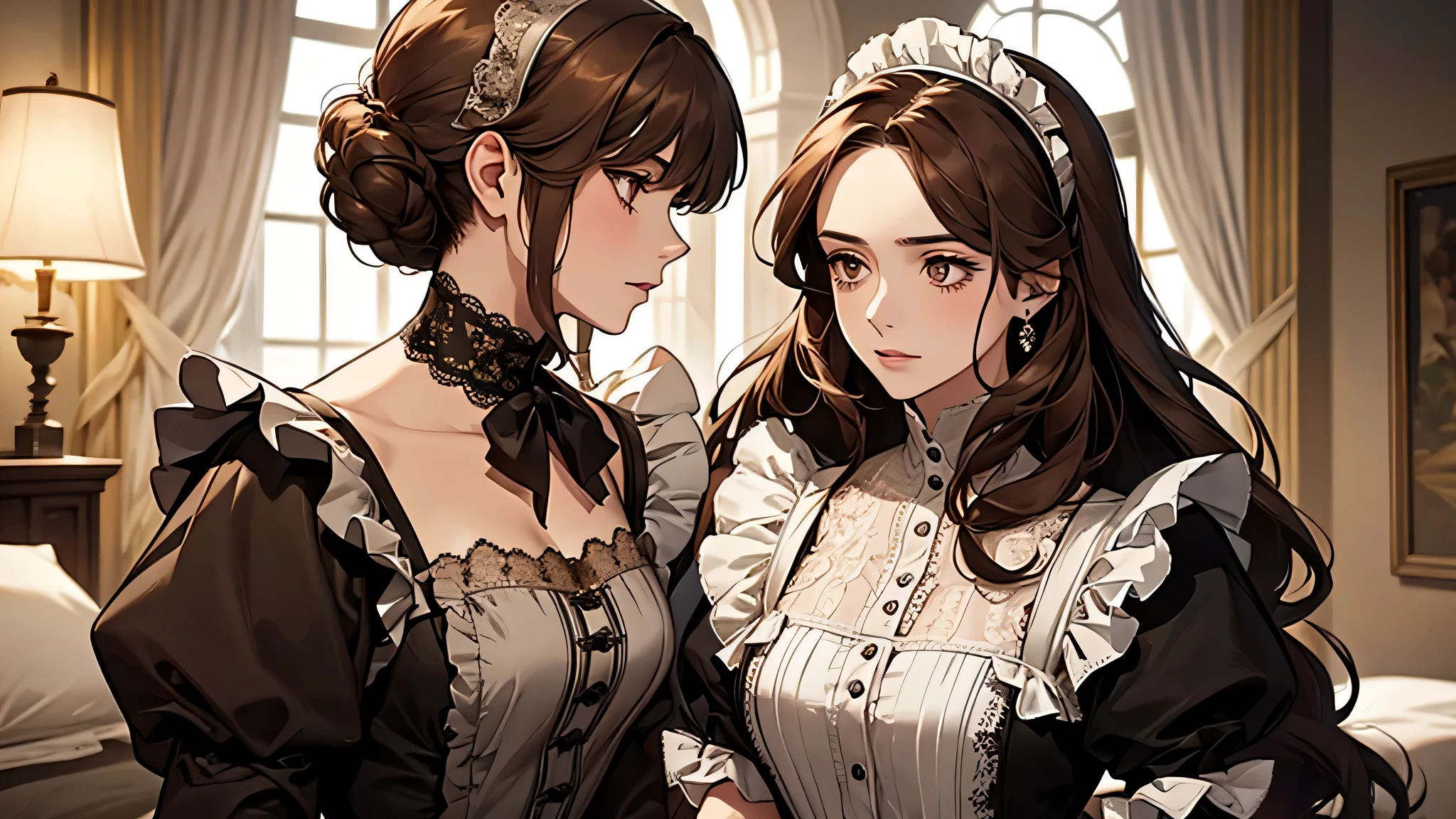 a beautiful girl, highly detailed face, thick brown hair, brown eyes, old noble snobbish lady Catherine de Bourgh scolds maid in the bedroom, pride and prejudice novel by Jane Austen, Regency time, beautiful, highly detailed, lots of details, looking at her, a maid called her quietly and ask her, but she didn’t reply. Perhaps she was unable to withstand the long silence, a maid of the mansion timidly called out to Valeria.