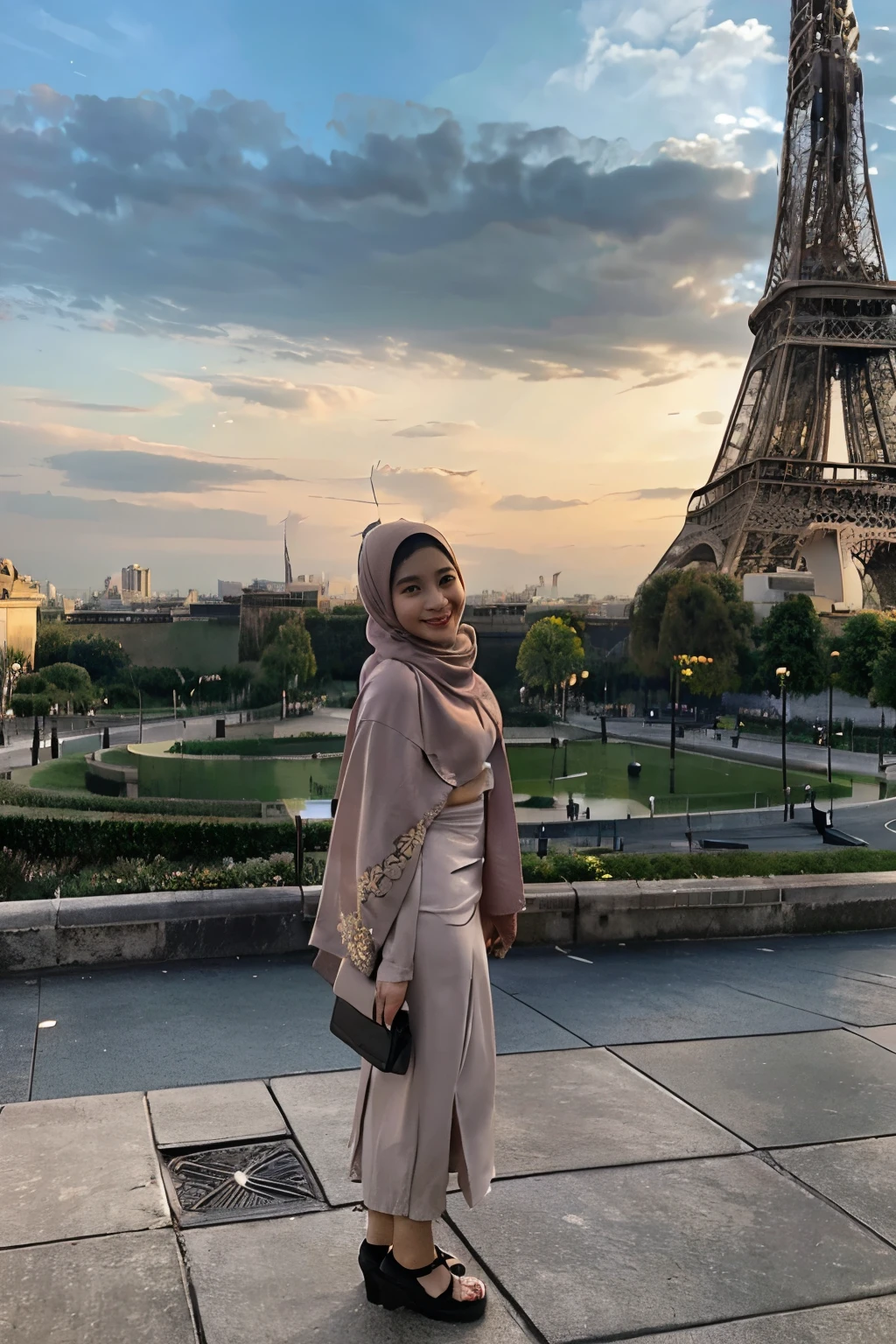 Young Indonesian woman standing wearing a hijab behind the Eiffel Tower, bright lighting, smiling face, very detailed full body (1:1)
