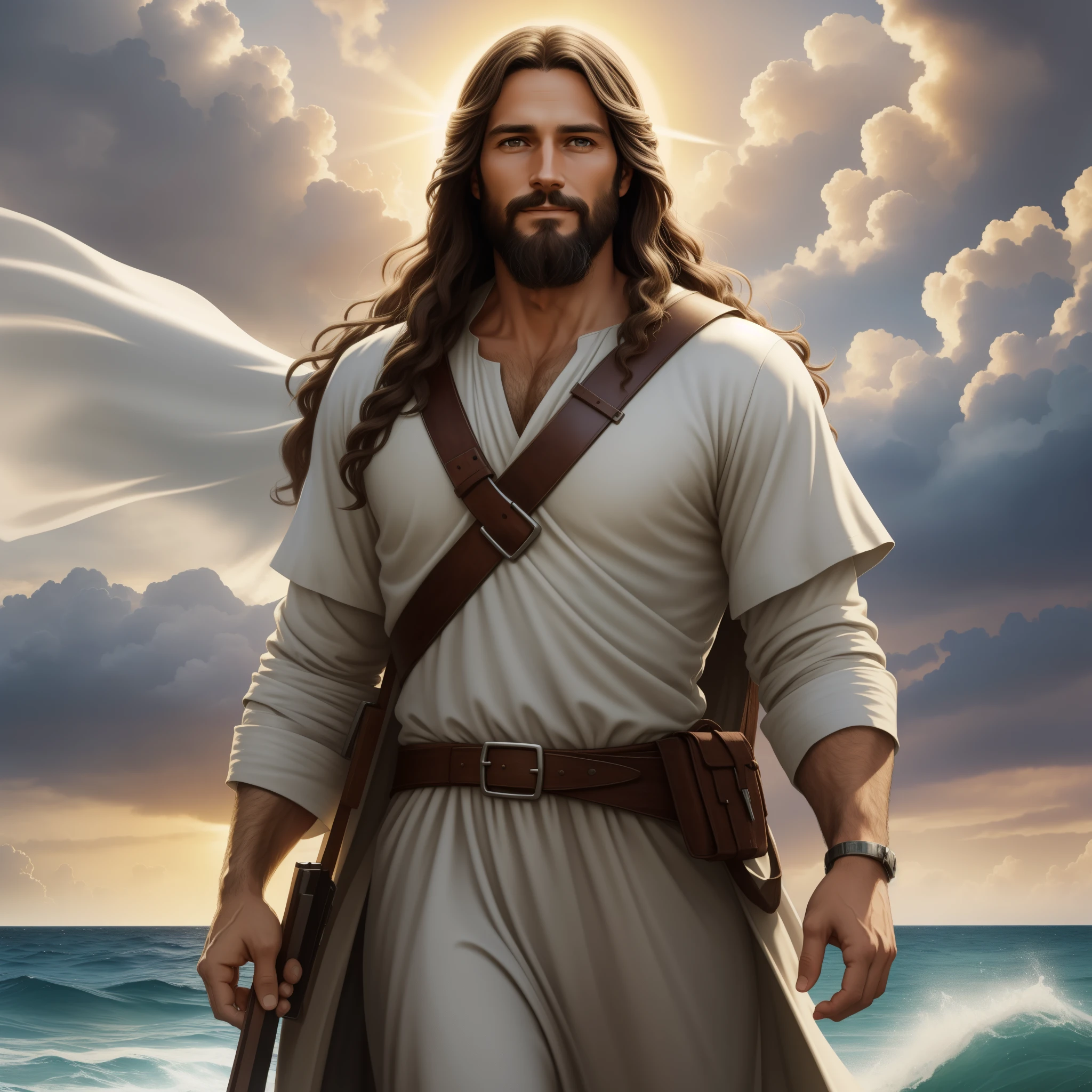 Almighty god Jesus christ ( Cross) ( jesus cross) blessing to the sky 35 years old with a long brown hair and long beard, heaven blessings light with a cross background) happy face, realistic 8k,A beautiful ultra-thin realistic portrait of Jesus, the prophet, a man 35 years old Hebrew brunette, short brown hair, real perfect eyes, long brown beard, with, Helping People , wearing long linen tunic closed on the chest part, in front view, full body, biblical, realistic,by Diego Velázquez,Peter Paul Rubens,Rembrandt,Alex Ross,8k, Concept Art, PhotoRealistic, Realistic, Illustration, Oil Painting, Surrealism, HyperRealistic, helping people , Digital art, style, watercolorReal Jesus flying on sky with a flying cloud in the background, Jesus walking on water, biblical illustration, epic biblical representation, forcing him to flee, coming out of the ocean, ! holding in hand!, disembarking, god of the ocean, beautiful representation, 8k 3D Model, realistic,
a 3D Realistic of jesus with a halo in the sky, jesus christ, smiling in heaven, portrait of jesus christ, jesus face, 35 young almighty god, portrait of a heavenly god, greg olsen, gigachad jesus, jesus of nazareth, jesus, the face of god, god looking at me, he is greeting you warmly, he is happy, avatar image