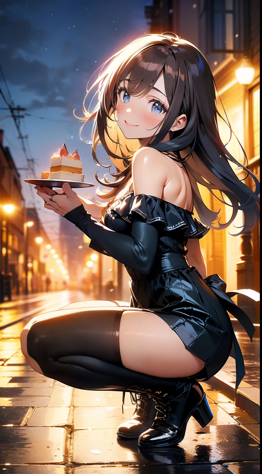 (masterpiece), (best quality), high resolution, ultra detail, photorealistic, 8K, intricate face, detailed body, detailed face, 1 woman, backless dress, miniskirt, living room, (leaning forward:1.2), from behind, looking back, (holding a whole cake:1.2)