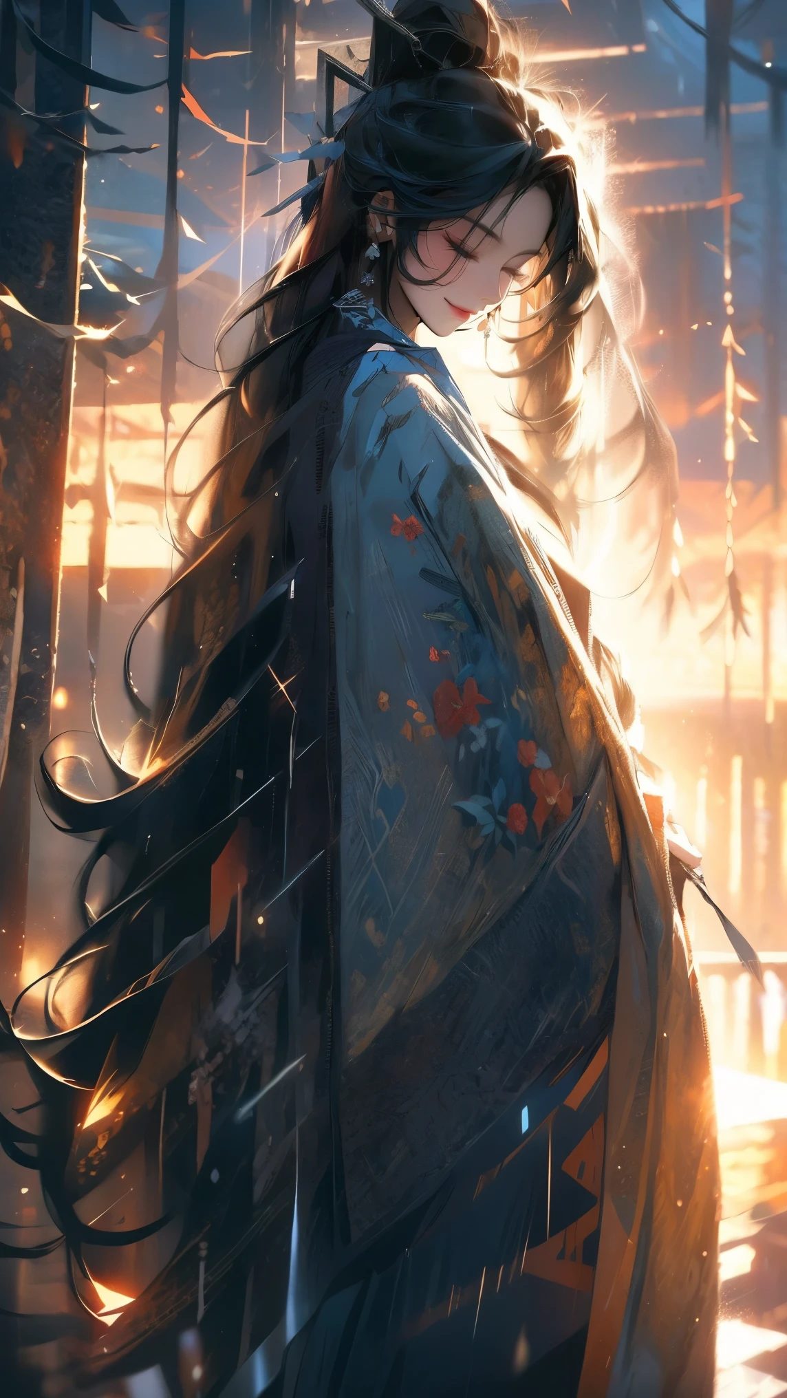 A woman with long black hair reaching the middle of her back. Smiling, eyes almost closed The eyes were black, sparkling. Standing with arms outstretched in the rain, dim lights