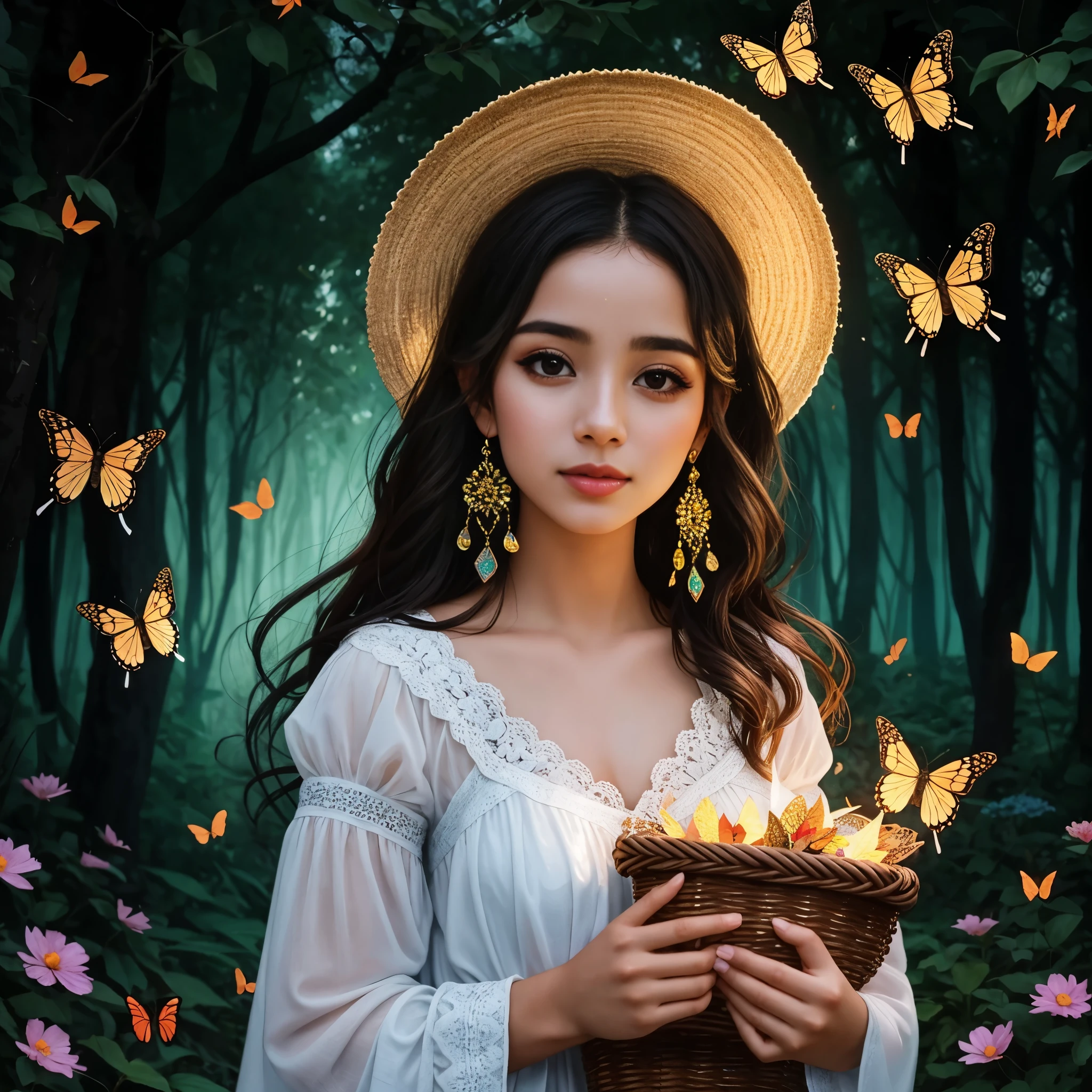 a woman with a basket of butterflies in her hand, A Deusa Borboleta do Fogo, Retrato de uma fada, fada bonita, fada bonita, a stunning young ethereal figure, Fada, Retrato da fada, fae adolescente, brilhando com magia, with magical powers, Fadas, fadas bonitas, borboletas brilhantes, magical and mystical