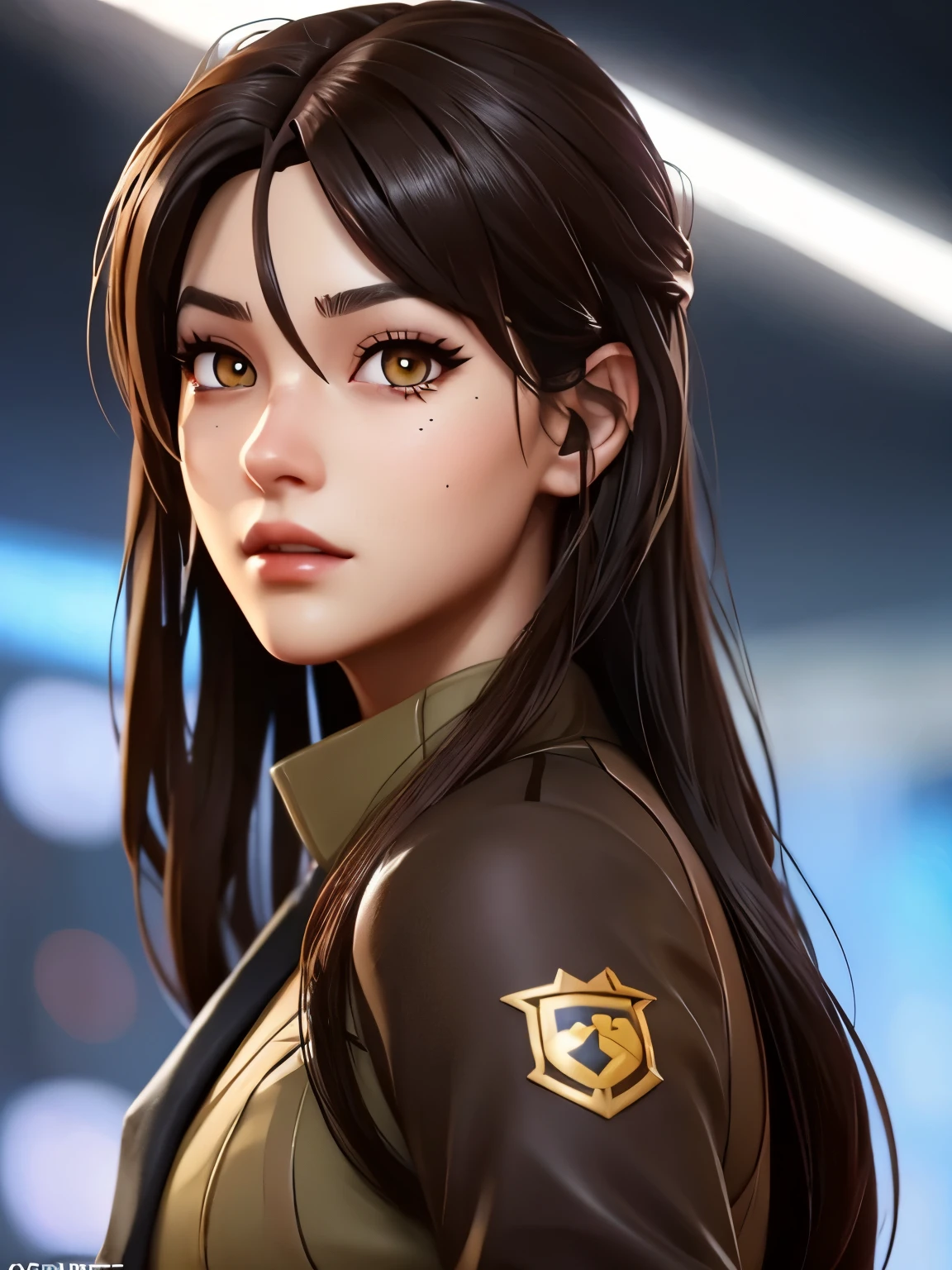 Create a Fortnite character with long hair, smooth and very dark red, a Chinese face with dark brown eyes and brown skin 
