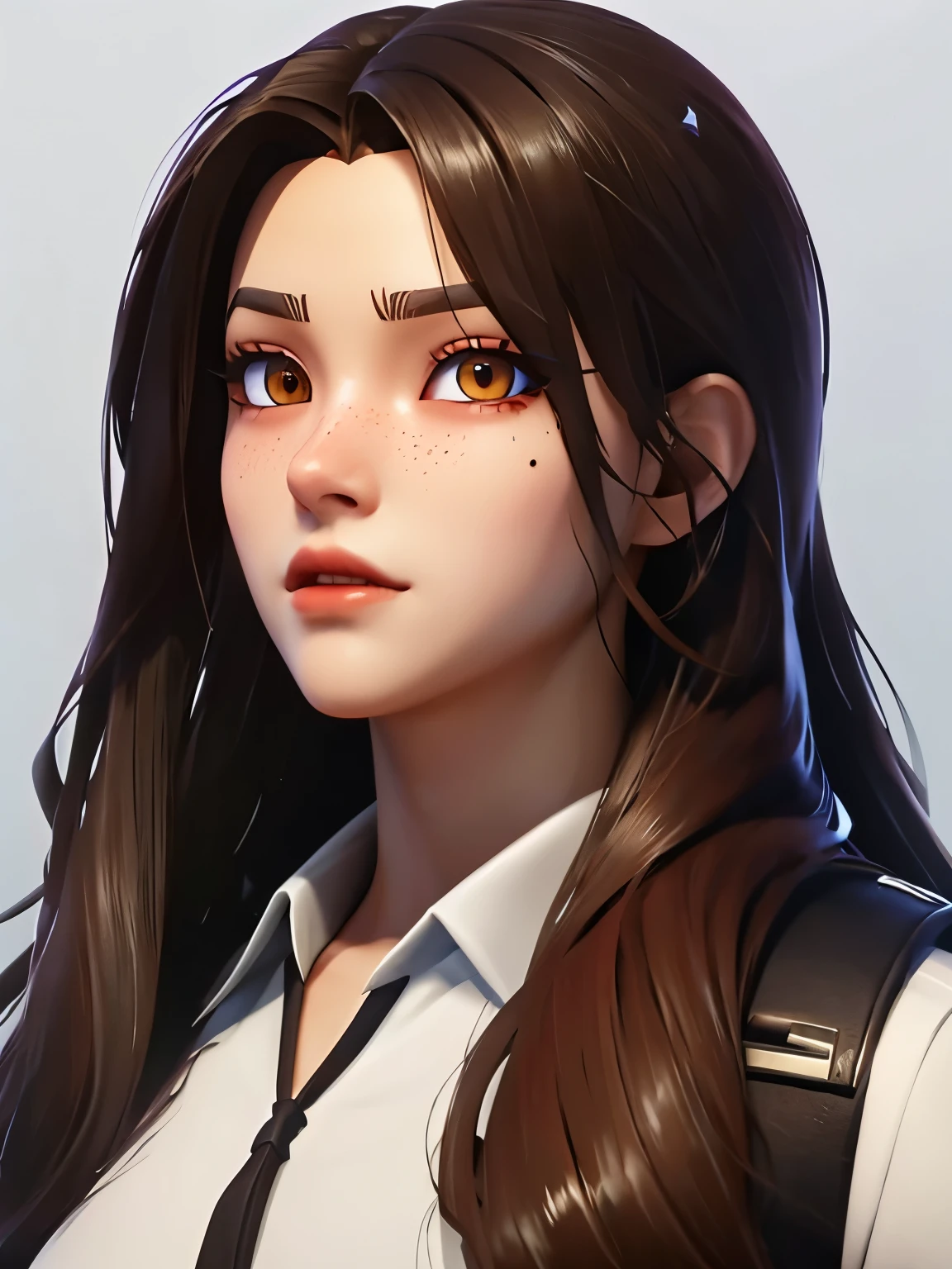 Create a Fortnite character with long hair, smooth and very dark red, a Chinese face with dark brown eyes and brown skin