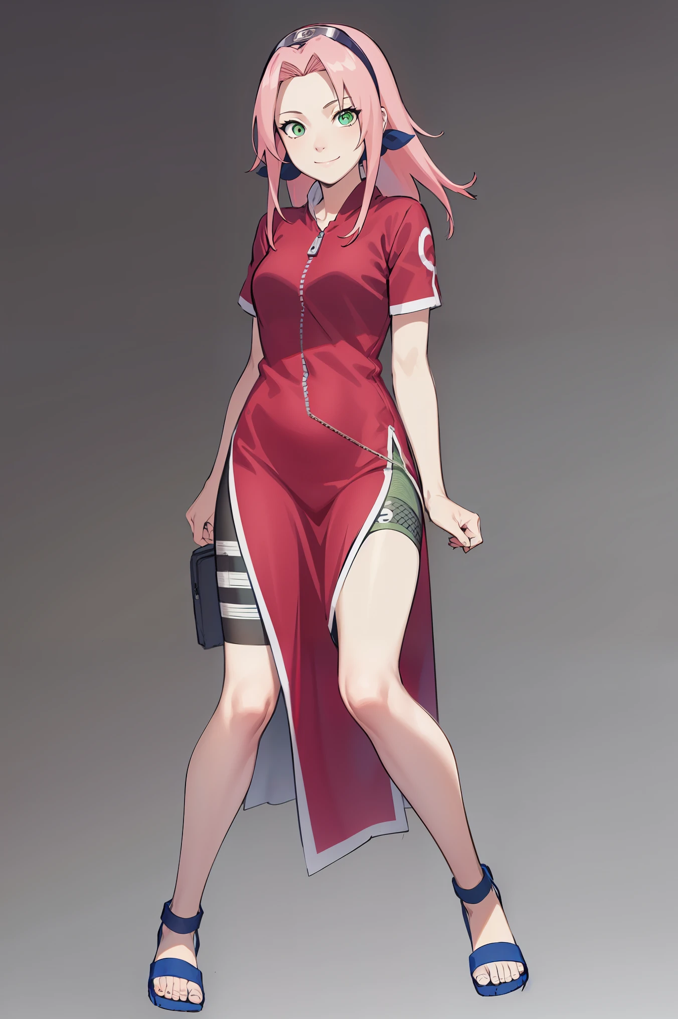 (masterpiece:1.2),(best quality:1.2),(masterpiece, best quality, ultra-high resolution), (1girl), (1 character), (Sakura Haruno), (White background), (Full body), natural pose, Standing, pink hair, naruto character, perfect details in clothing