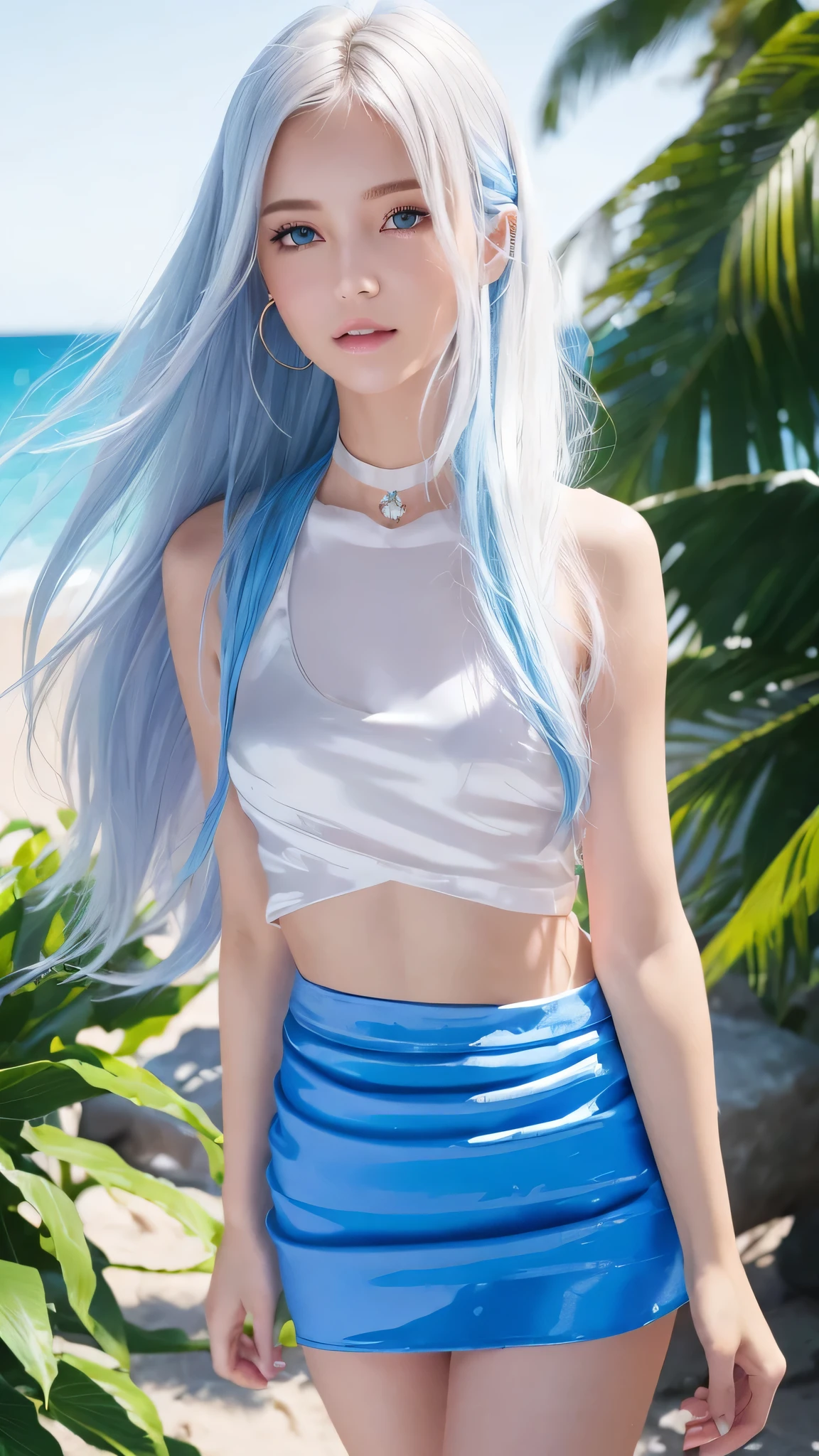 8K, Top Quality, Intricate Details, Ultra Detail, Ultra High Resolution, Masterpiece, random angle,  Slender, Smile, (Makeup: 0.4), (Fluffy Blue Eyes: 1.21), blue Eyes, looking at viewer, ((full body)), 1girl, solo, 1 girl, (( full body)), close up shot, holding  sword , ((tall)), (((fit body))), (((slim face))), sharp face, sharp eyes, (((sky blue hair,  long hair, bangs )) , (detailed face), sharp face, small lips, 
 (( )), ((hot pants)),  detailed face, detailed breast, , large breast, detail ass, , Beautiful girl with accentuated slender abs: 1.4, Six Pack Abs: 1.4, Bust Botox, Big, Perfect Body, detail leoonlight)), in the snow