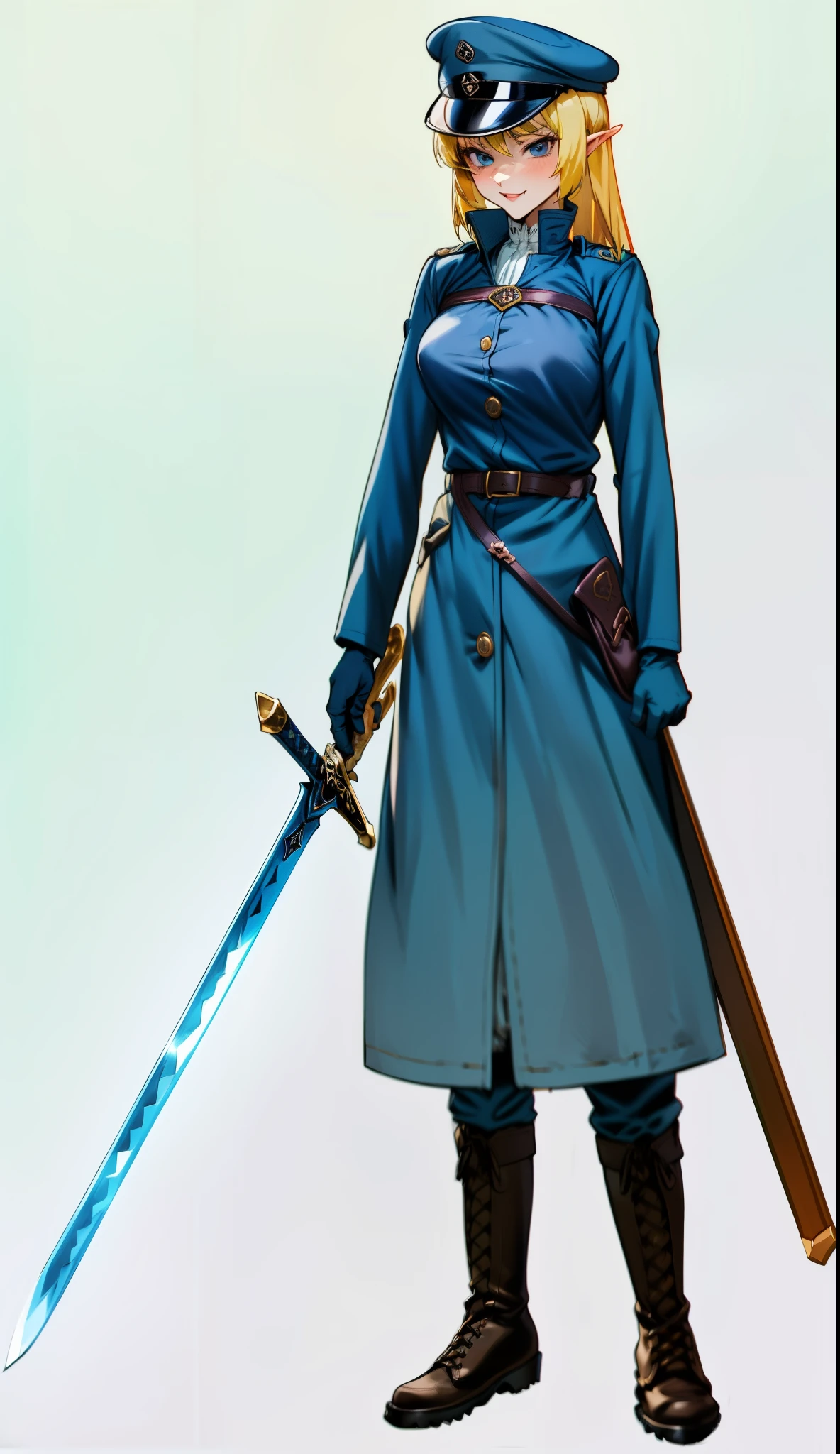 Woman,adult,uniform, ( dark blue cotton coat), ( combat boots), sword,holster,general,artistocratic,confident,strong,long hair,blonde,dominatrix,detailed,gloves, threatening,(smiling:0.3),queen,(pants),plain background, yandere,devious, seductive ,(Zelda)