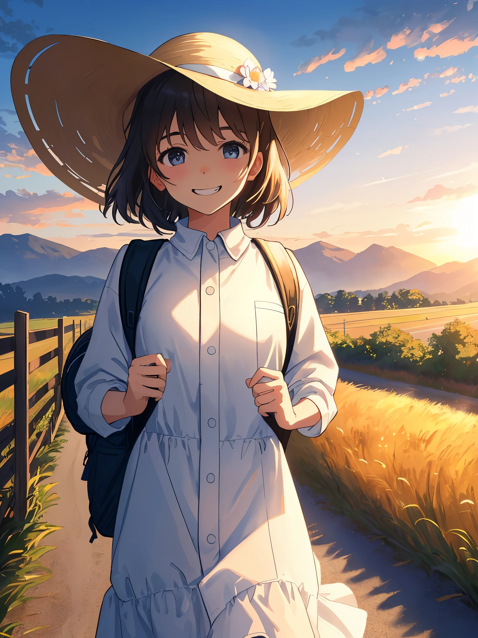 Masterpiece, best quality, (extremely detailed CG unified 8k wallpaper) (top-quality), (best illustration), (best shadows)
The road, a seamless extension of asphalt that stretches toward the horizon, serves as the main theme of this captivating cover. The vibrant colors of a setting sun bathe the landscape, casting long, dynamic shadows.
A solitary hitchhiker, a modern-day adventurer, strides confidently along the road. Dressed in weather-resistant clothing and wearing a sun hat, he clutches a large backpack. His features are not defined, but a mischievous grin plays upon his lips