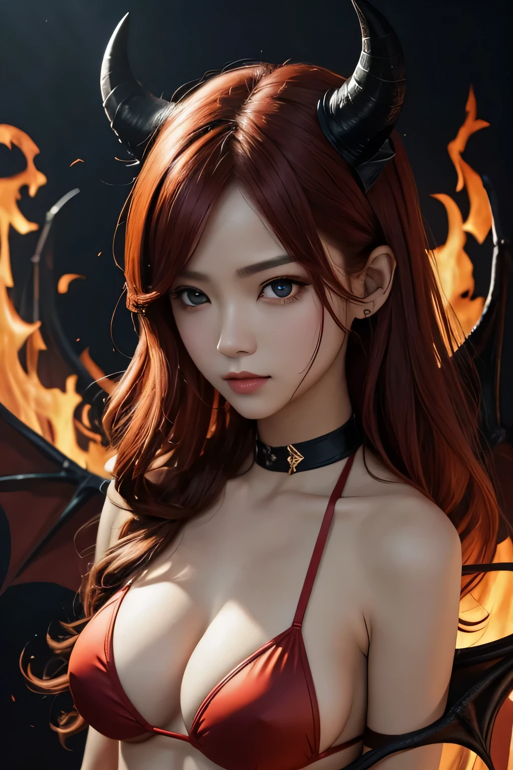 The corners are black、Female Devil、redhead、bat wings、red bikini、The background is flames