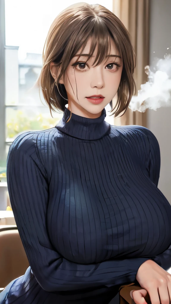 /(modern house indoors/), 1lady solo, mature female, /(blue ribbed sweater/), bangs, blush kind smile, (masterpiece best quality:1.2) delicate illustration ultra-detailed, large breast、((sweat,steam,下品))、玄関の扉の前、訪問する、(full shot)),