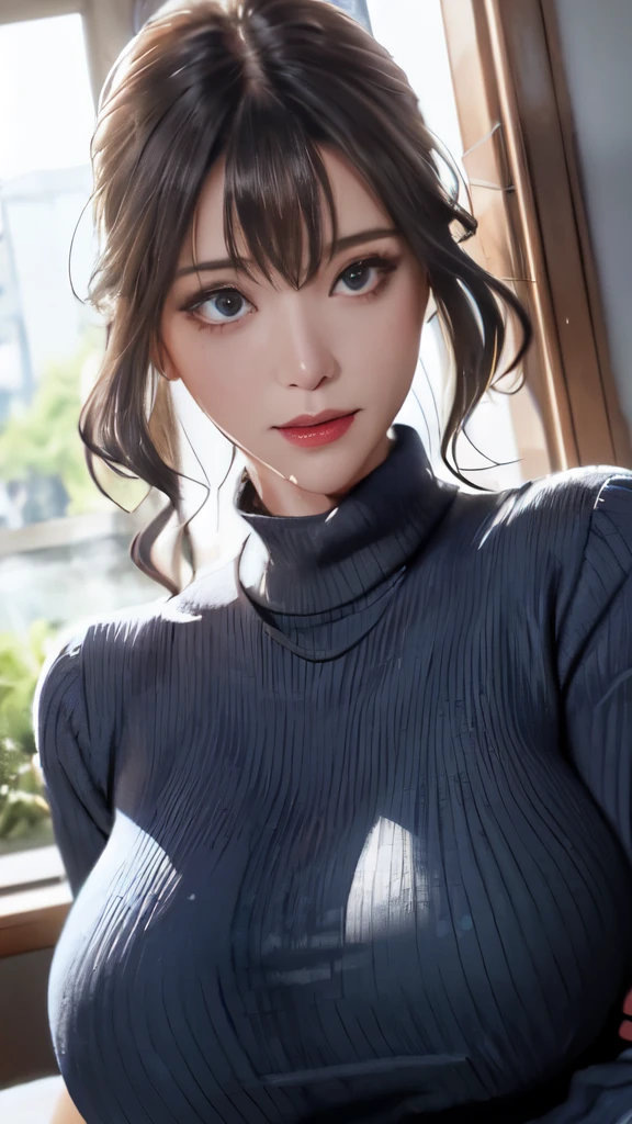 /(modern house indoors/), 1lady solo, mature female, /(blue ribbed sweater/), bangs, blush kind smile, (masterpiece best quality:1.2) delicate illustration ultra-detailed, large breast、((sweat,steam,下品))、玄関の扉の前、訪問する、(full shot)),