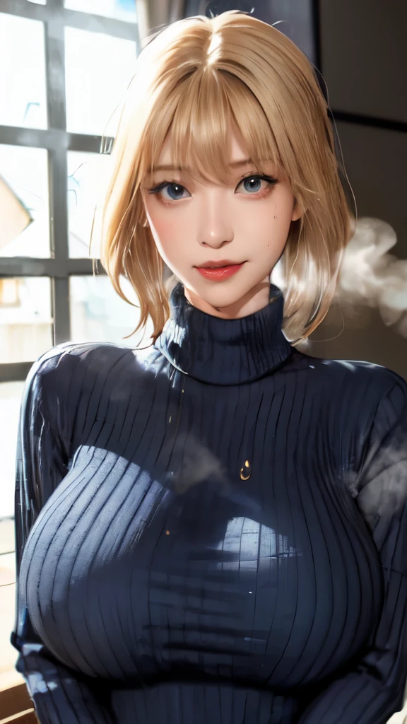 /(modern house indoors/), 1lady solo, mature female, /(blue ribbed sweater/), bangs, blush kind smile, (masterpiece best quality:1.2) delicate illustration ultra-detailed, large breast、((sweat,steam,下品))、玄関の扉の前、訪問する、(full shot)),