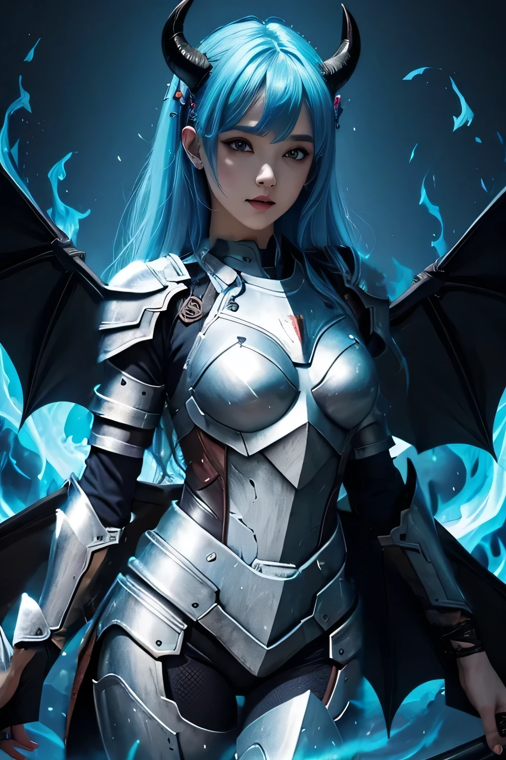 blue hair beautiful blue dragon girl with sky blue eyes, blue scale armor, skin of scales