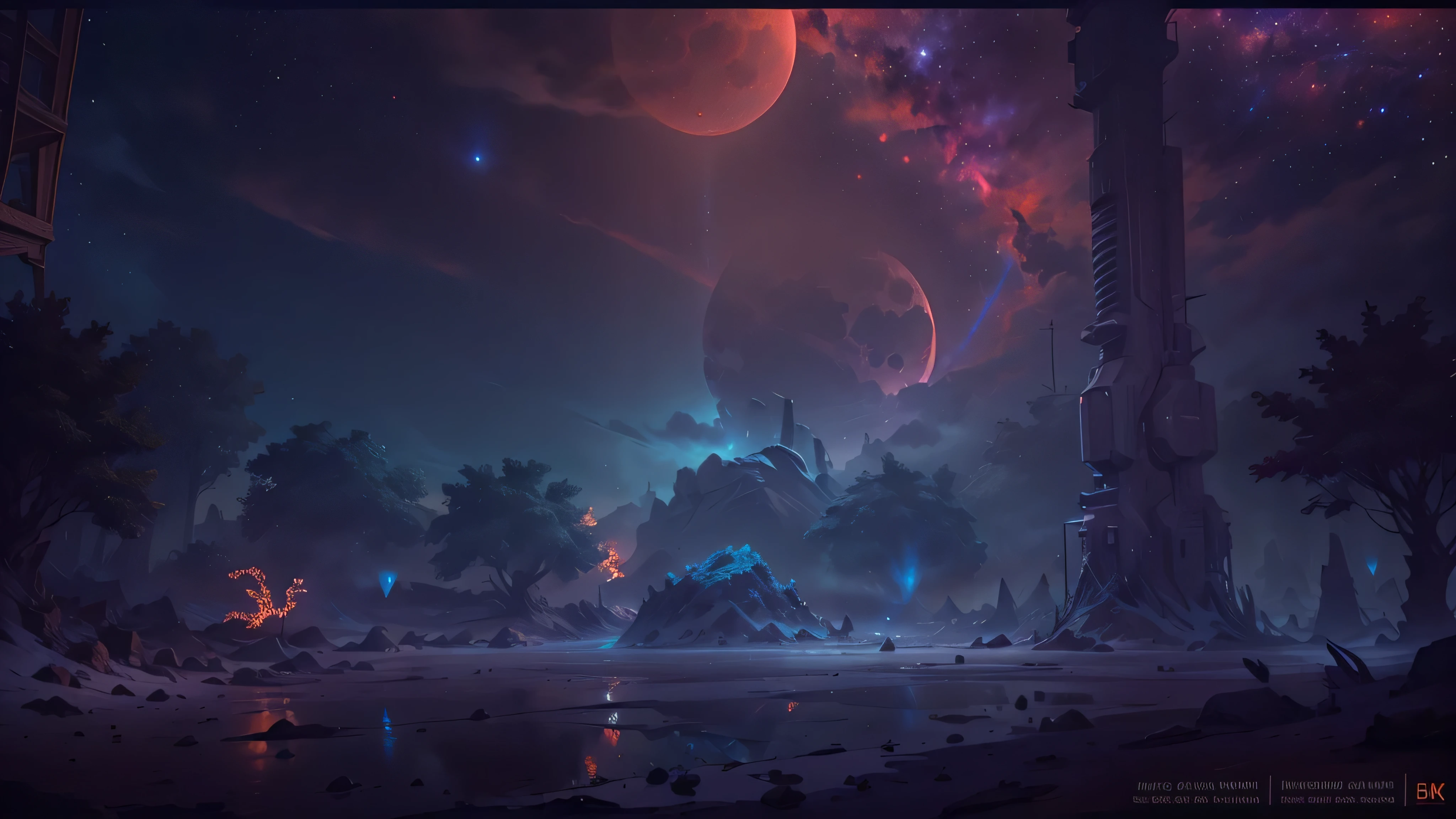 expansive landscape photograph, (Look below.), Above is the sky, Below is an open field), (Full Moon: 1.2), (Meteor: 0.9), (Nebula: 1.3), distant mountain, Tree BREAK making art, (Warm light source: 1.2), (Firefly: 1.2), lights, Lots of purple and orange, complicated detail, volume lighting, Realism BREAK (Masterpiece: 1.2), (best quality), Ultra-detailed, (Dynamic composition: 1.4), RAWExtremely detailed, Colorful details, (Rainbow colors: 1.2), (glowing lighting, atmospheric lighting), Dreamlike, Magical, (Solo: 1.2), 4k