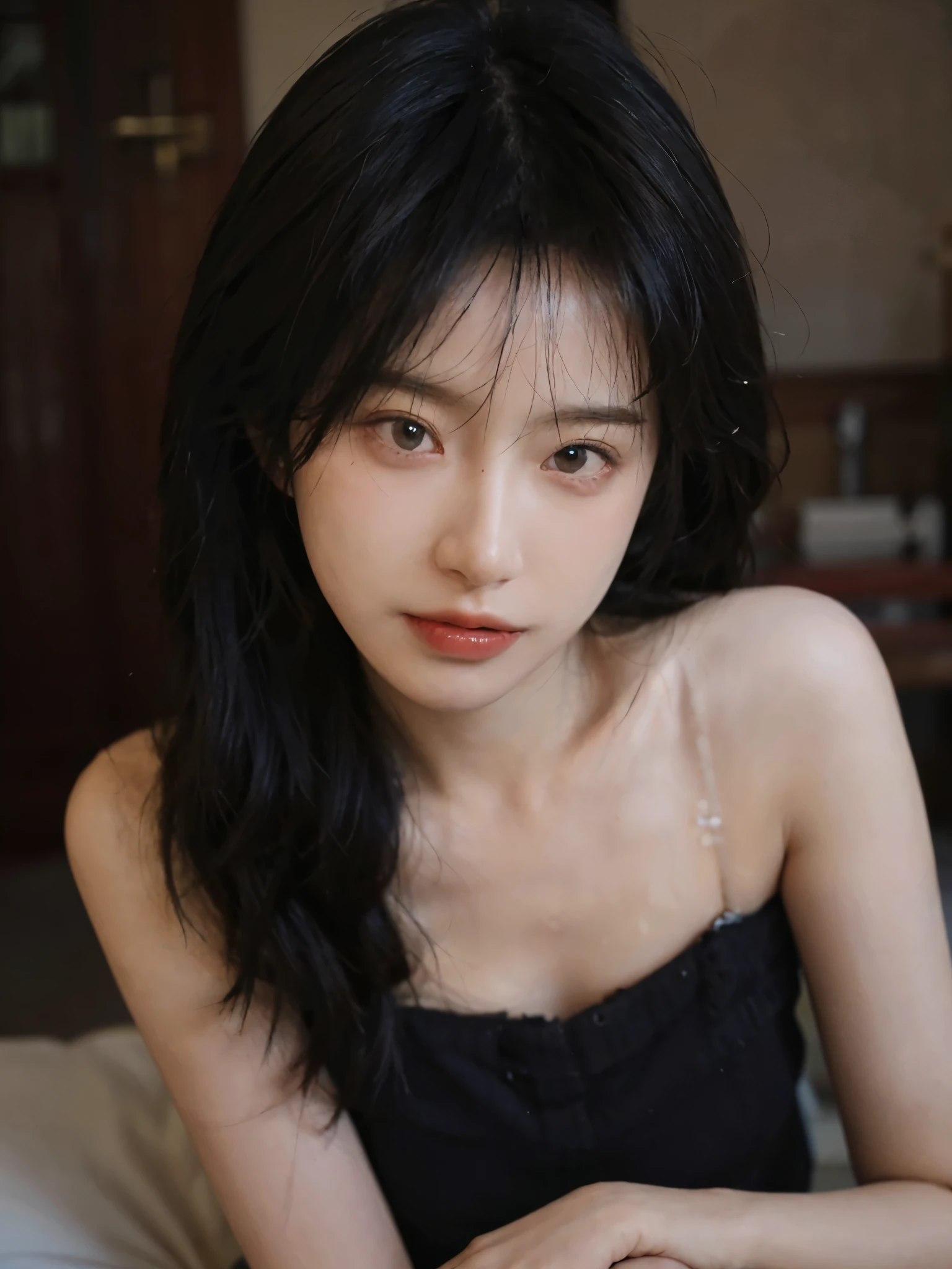 Film portrait photography, 1 girl, bare shoulders,lipstick,(flat chest:1.4), Shoulder length wavy hair, serene, calm, (Realistic and detailed eyes, natural skin texture, Realistic facial details), Soft dramatic lighting, depth of field, Bokeh, Vibrant details, detailed meticulous, hyper-realistic, 35mm film, hazy, ,