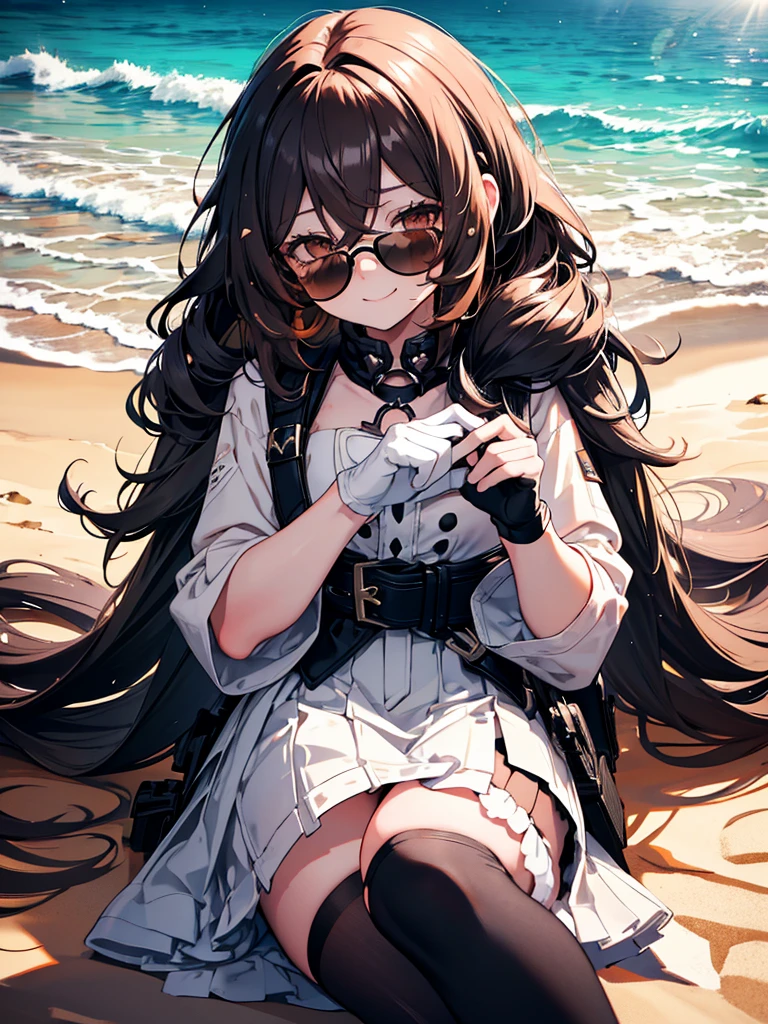 Girl, Ginger Long Fluffy Hair, Sick Eyelashes, Brown eyes, Freckless, Happy Face, Embarrassed Smile, Black Sunglasses, White shirt, Short Black skirt, Rocker Gloves, Long black socks, Beach, Laying in sand pose, Cinematic Lighting, 8k, Masterpiece, Close to Screen, Tall.