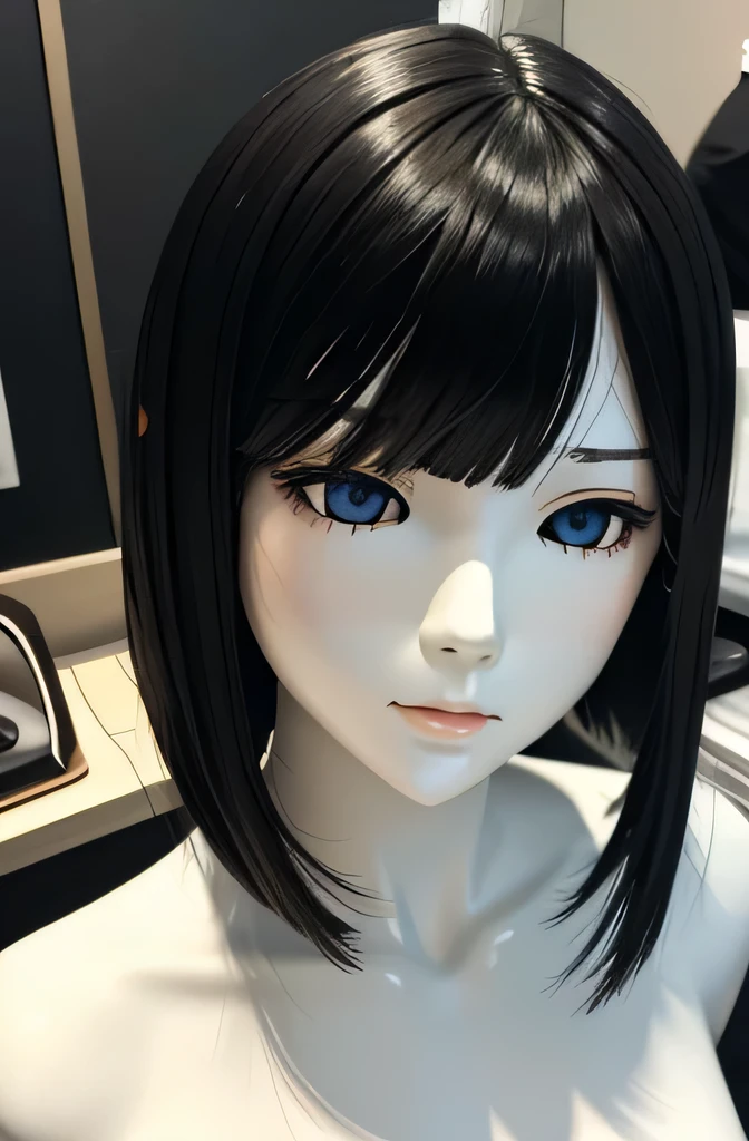 1 mannequin,That mannequin美女,That mannequin25Year,mannequin color'my face is white.,mannequin color'The body is pure white.,That mannequin細くて小さい顔,That mannequin黒色の髪の毛(short, flat, straight hair with bangs),そのマネキンの瞳の色は真っ黒That mannequinコートを着ている,That mannequinラジカセを触っている