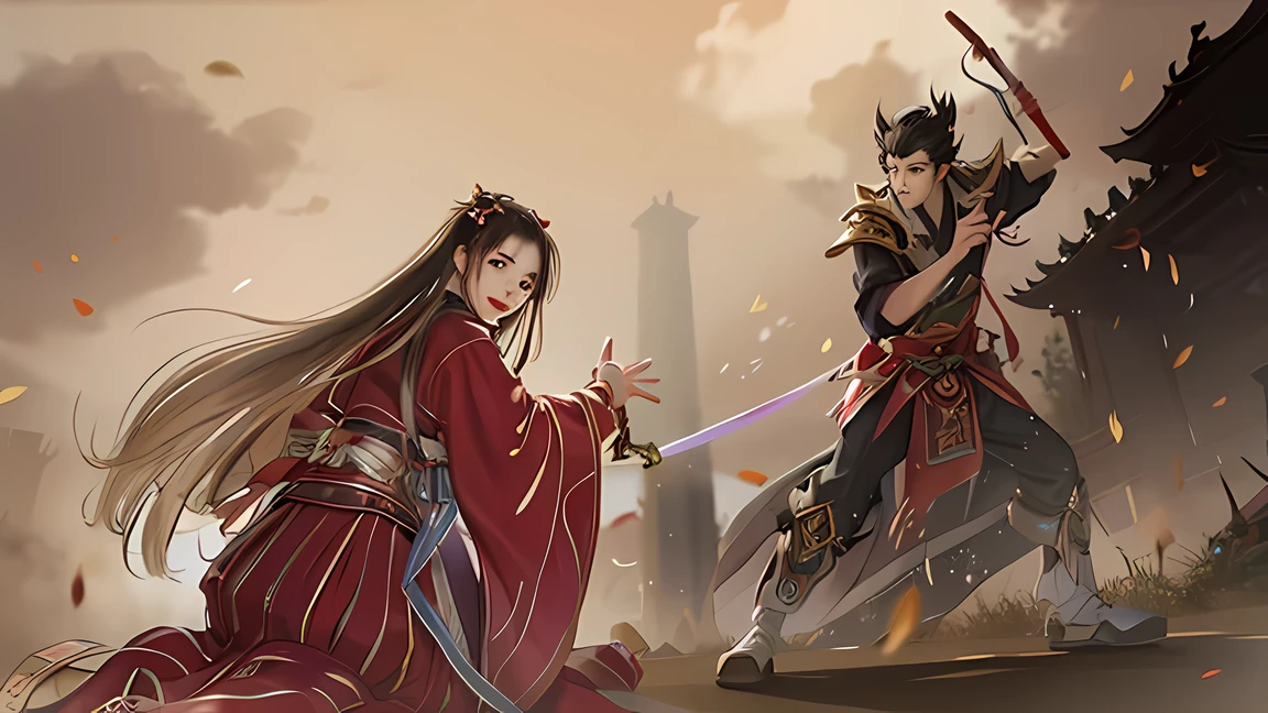 anime scene of a man and woman in traditional clothing fighting with swords, full body wuxia, traditional japanese concept art, wuxia, yiqiang and shurakrgt, inspired by Guan Daosheng, by Yang J, inspired by Lü Ji, g liulian art style, onmyoji detailed art, a beautiful artwork illustration a beautiful artwork illustration, onmyoji detailed art