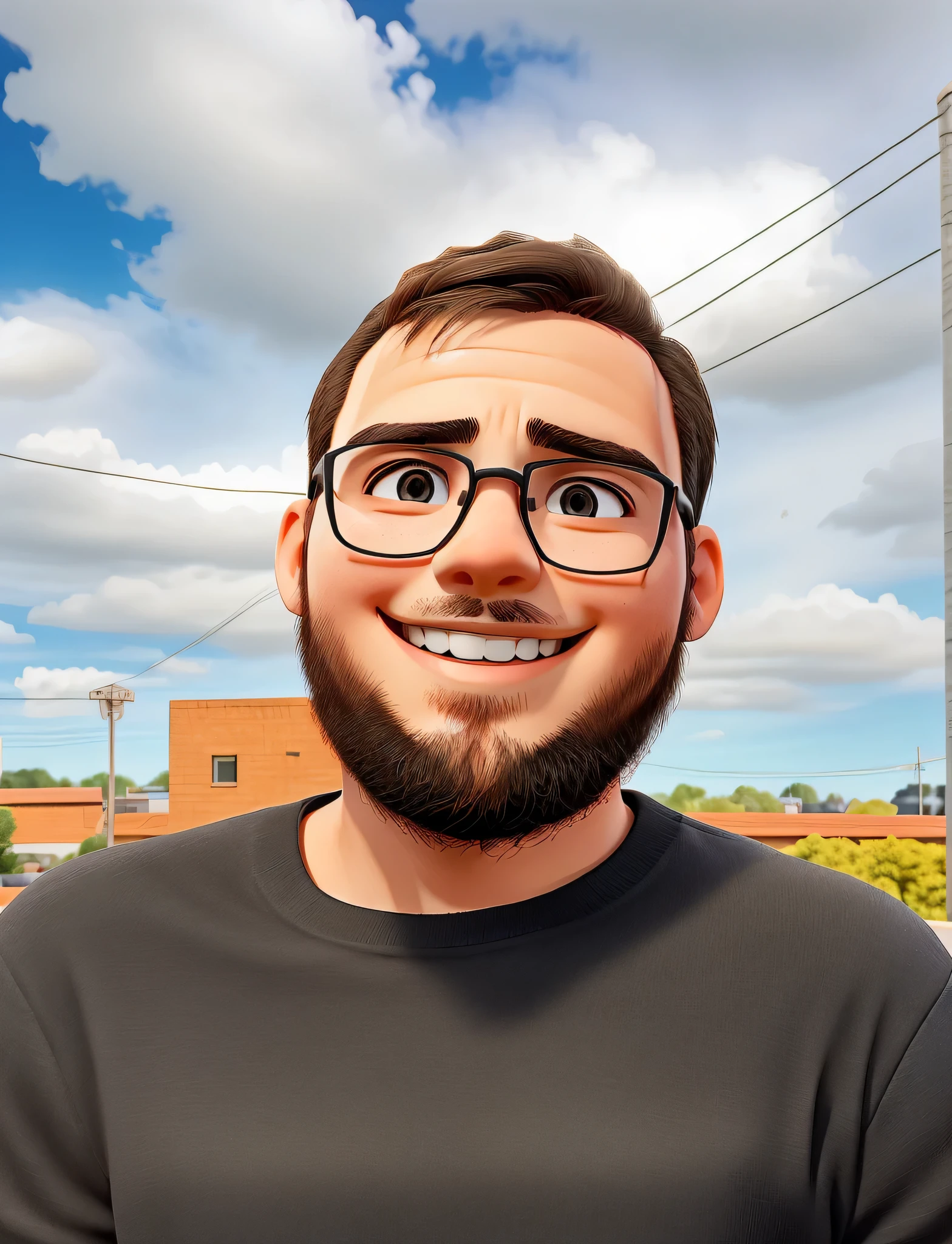 Um jovem parado sorrindo em roupas pretas, iluminado pela luz do dia, with office background