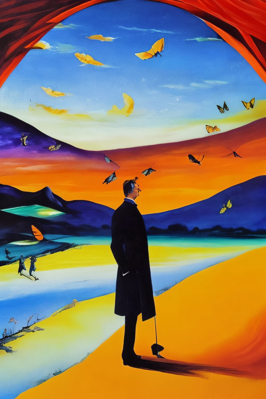surrealistic painting, from Salvator Dali, no trees, orange background, night dark blue sky, man in a white coat standing on the right side, face not visible, he is holding a net for butterflies, similar to picture from Toyen - Asleep