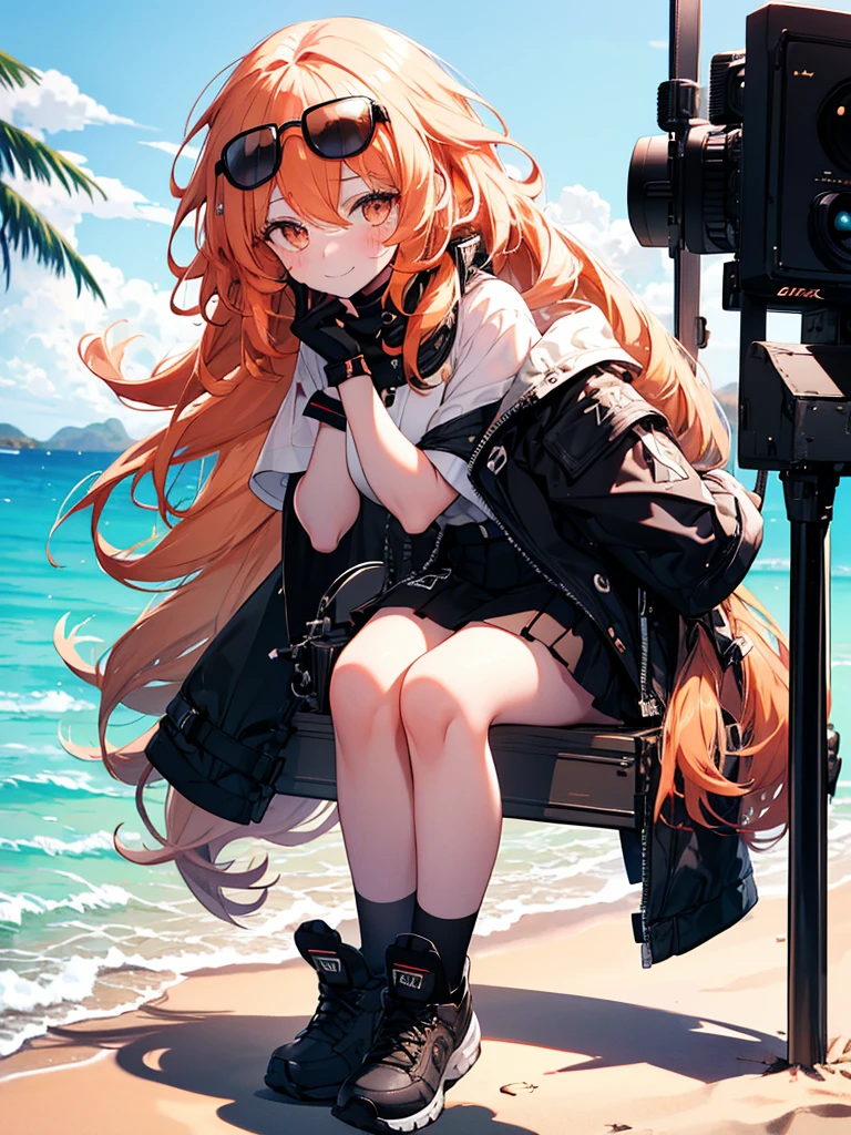 Girl, Ginger Long Fluffy Hair, Sick Eyelashes, Brown eyes, Freckless, Happy Face, Embarrassed Smile, Black Sunglasses, White shirt, Short Black skirt, Rocker Gloves, Long black socks, Beach, Laying in sand pose, Cinematic Lighting, 8k, Masterpiece, Close to Screen, Tall.