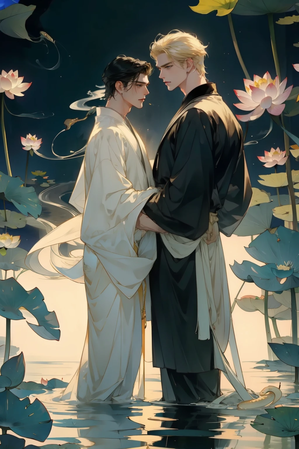 In the lotus pond under the moonlight，A blond man and a black-haired man stand face to face，，The pool water covered their waists and hips，Smoke on the water，Light clothes，There are snakes on the water surface.