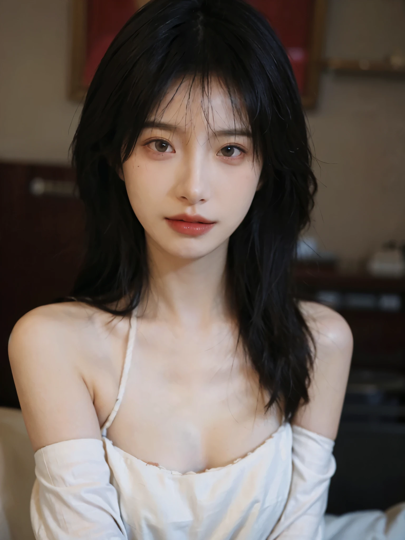 Film portrait photography, 1 girl, bare shoulders,lipstick,(flat chest:1.4), Shoulder length wavy hair, serene, calm, (Realistic and detailed eyes, natural skin texture, Realistic facial details), Soft dramatic lighting, depth of field, Bokeh, Vibrant details, detailed meticulous, hyper-realistic, 35mm film, hazy, ,